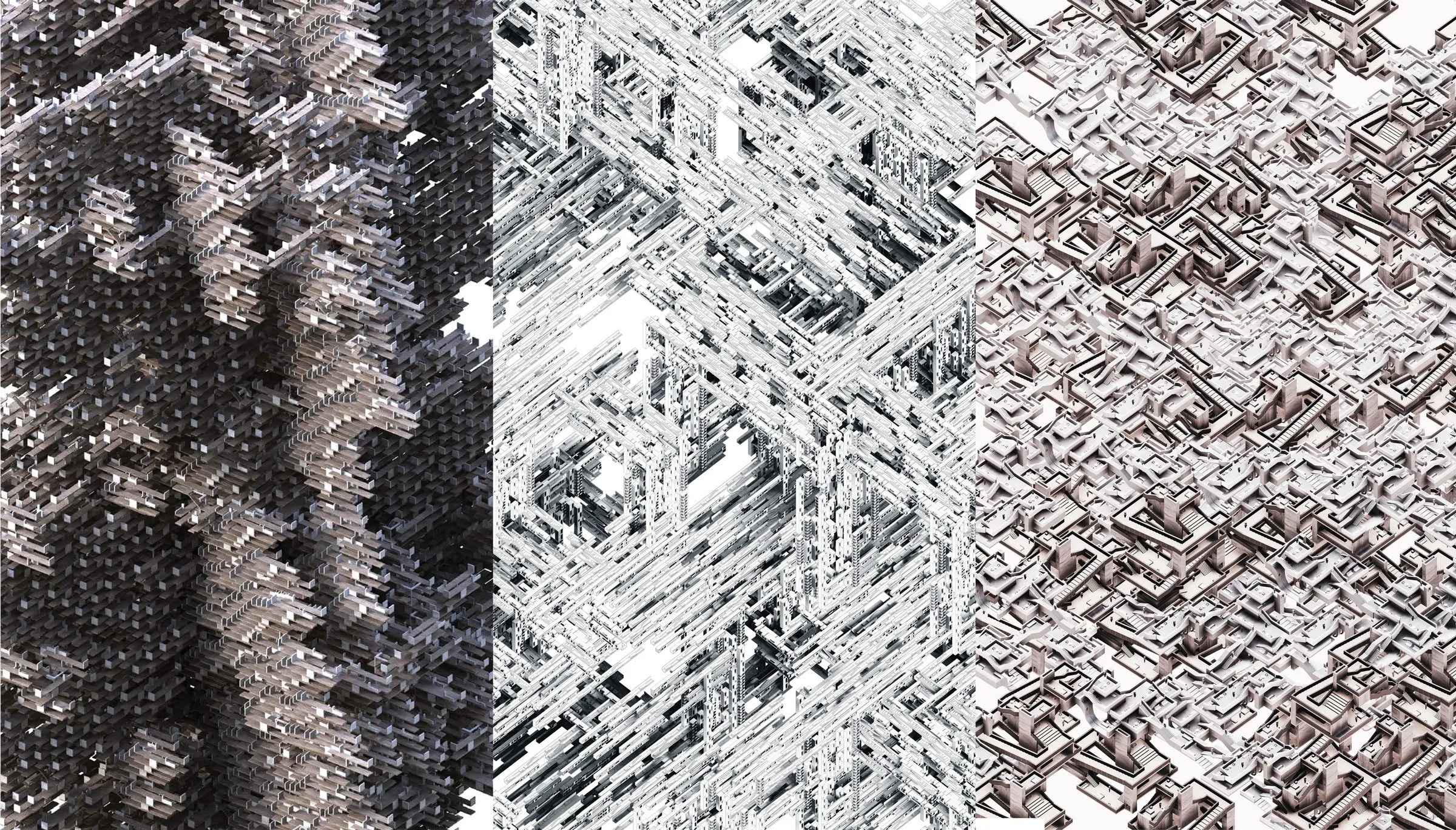 Three dense textures of nested parts: a grey stack, a white lattice, a brown weave