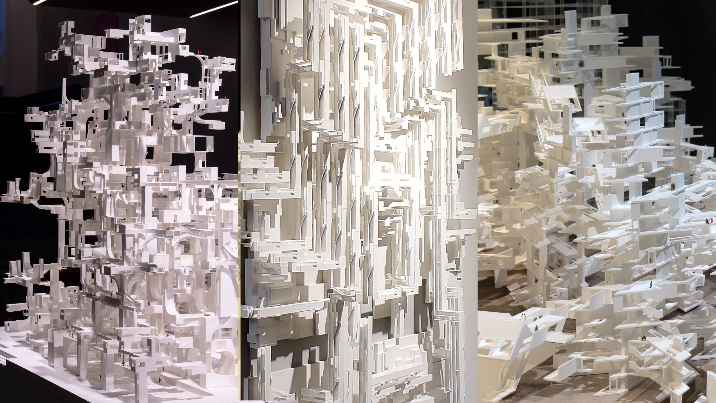 Three photographs of white model details with walls, stairs and rooms