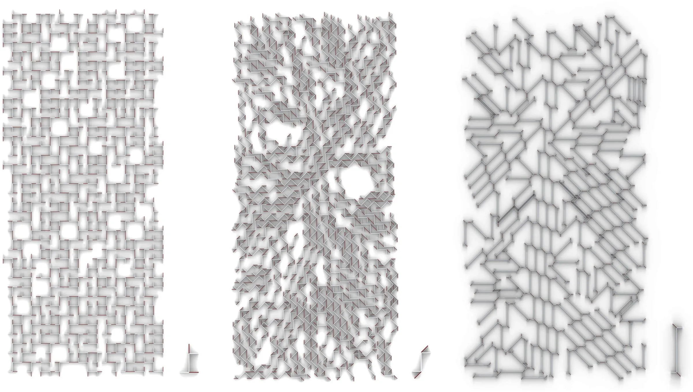 Three tall grey drawings of fields of small architectural parts