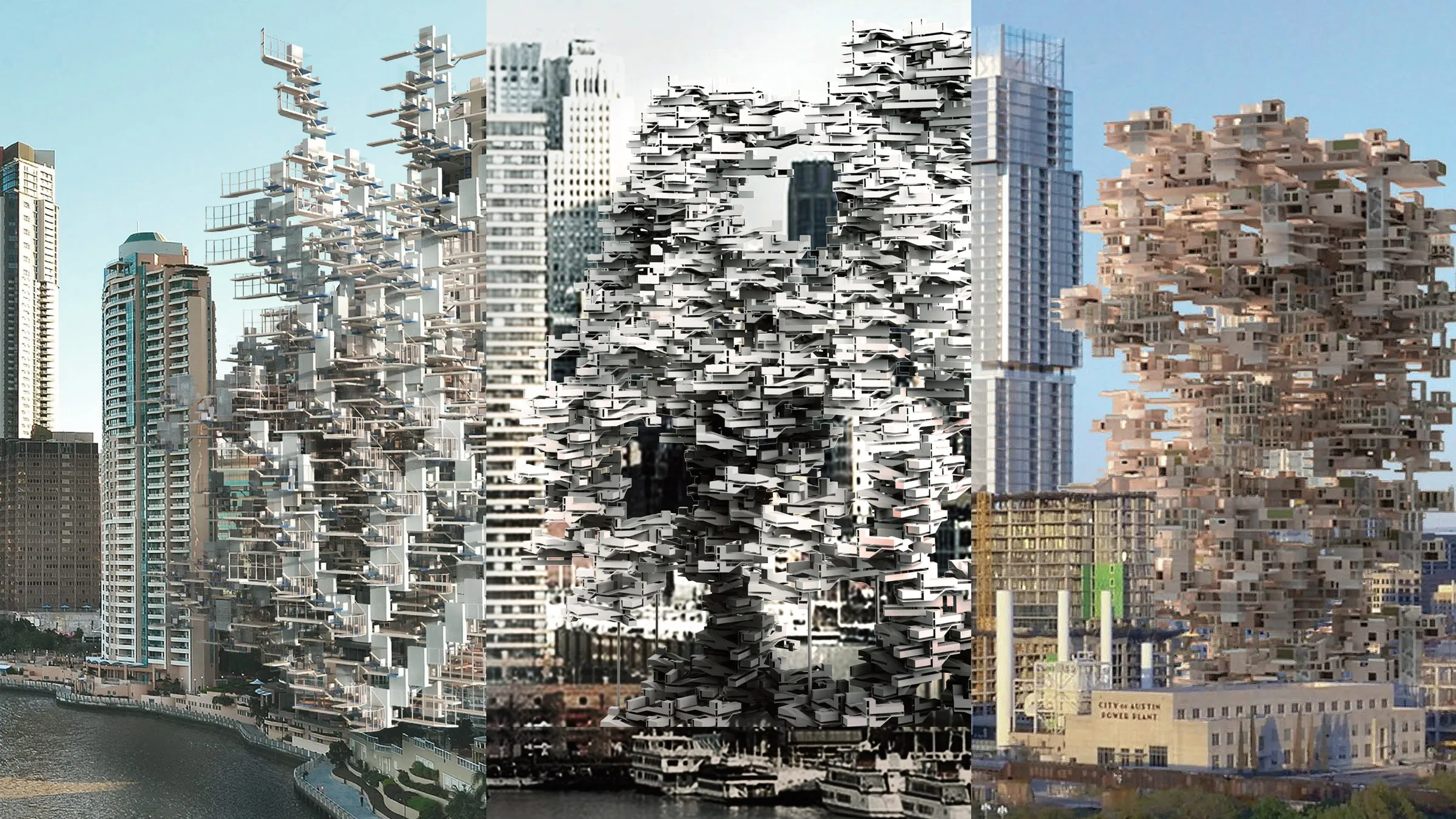 Three photomontages of aggregate towers standing in a city skyline
