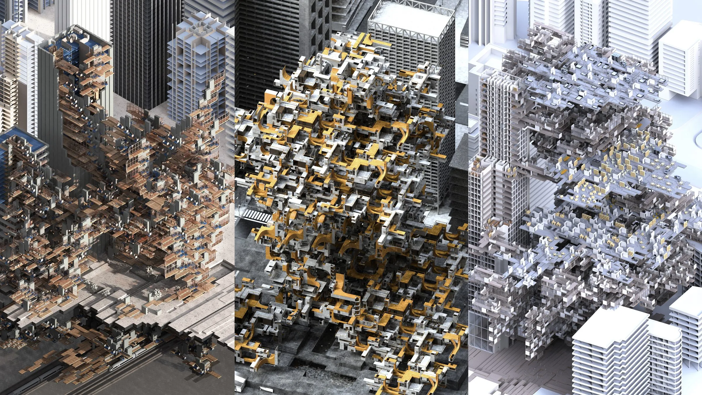 Three views of part aggregates inserted among high-rise towers, some parts highlighted in yellow
