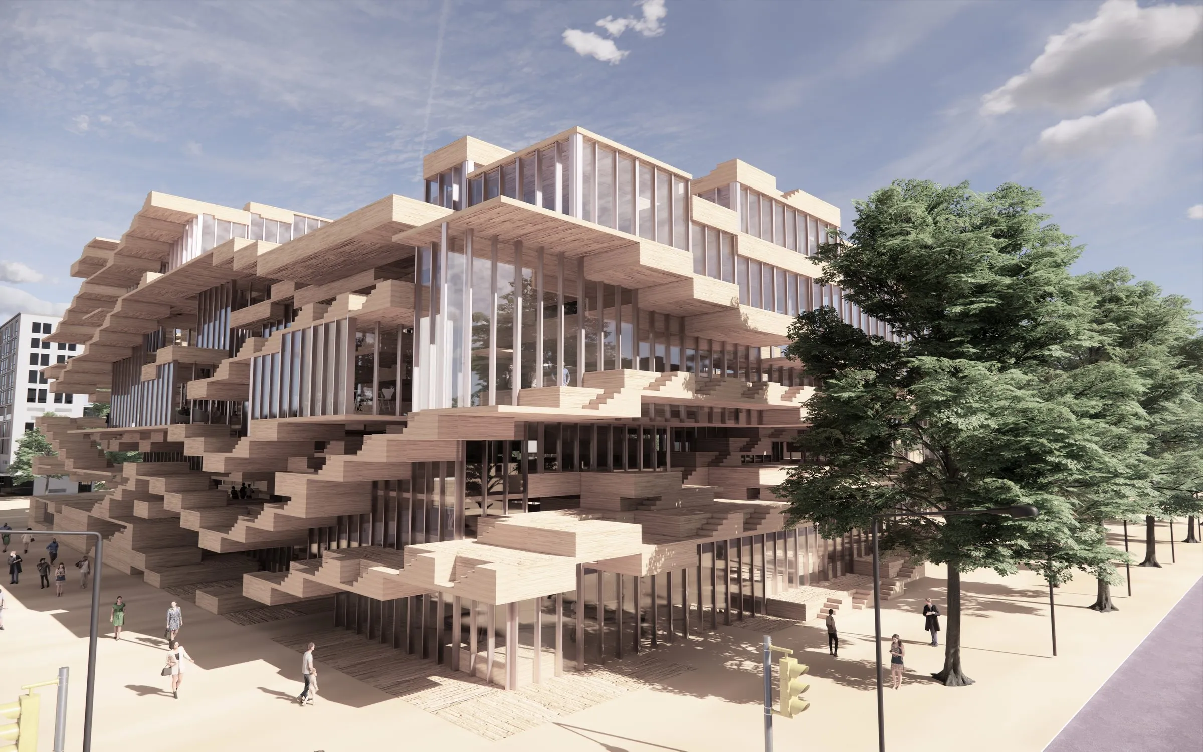 Rendering of a library at a street corner: an irregular stack of pale timber trays and shelves projecting over a glazed ground floor, trees and pedestrians in front
