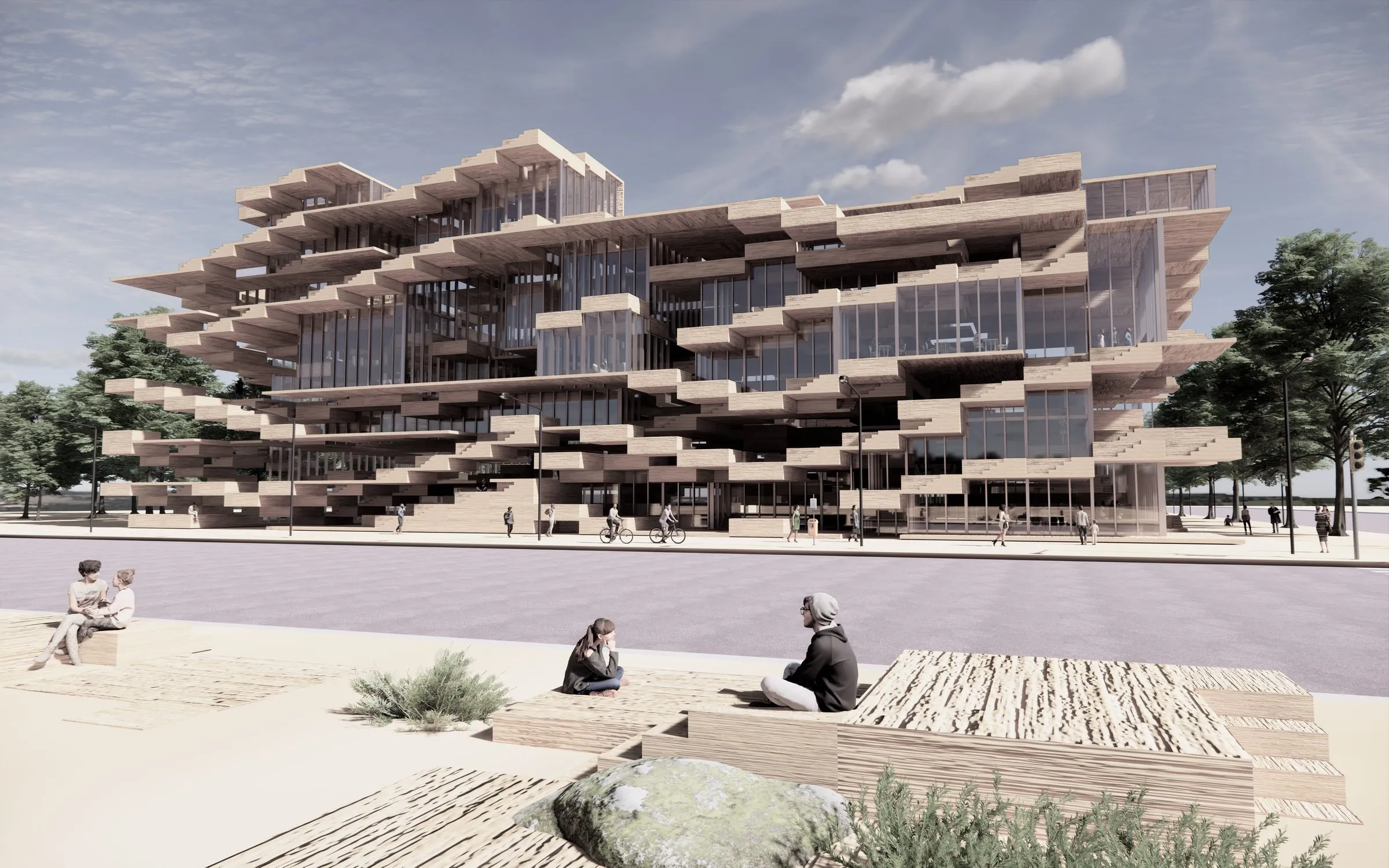 Rendering of the long side of the library: stepped timber trays stacked over a glass ground floor, a plaza of low benches with two people sitting in the foreground