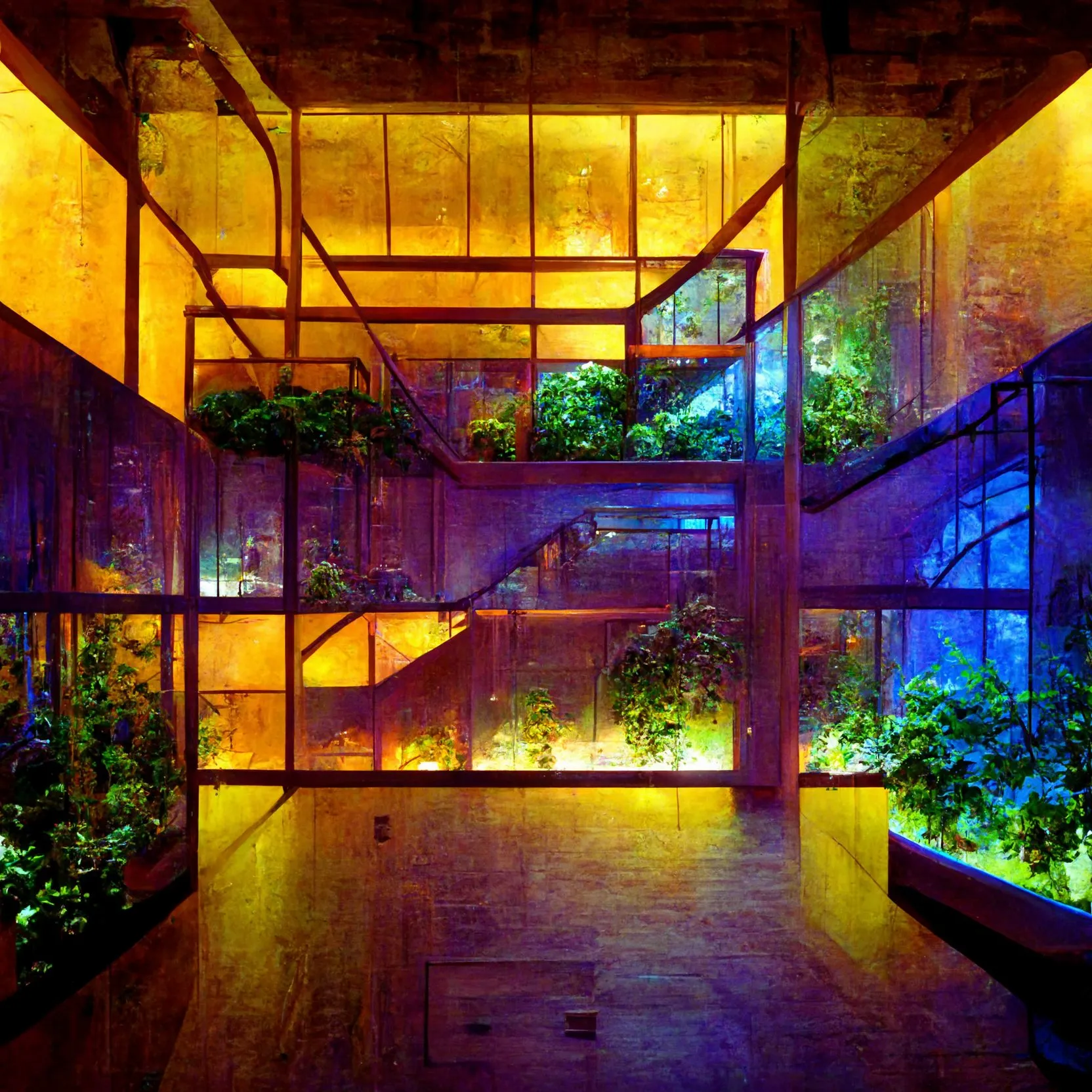A generated interior lit yellow from above, with stacked glass planting cases glowing blue and green along a stair
