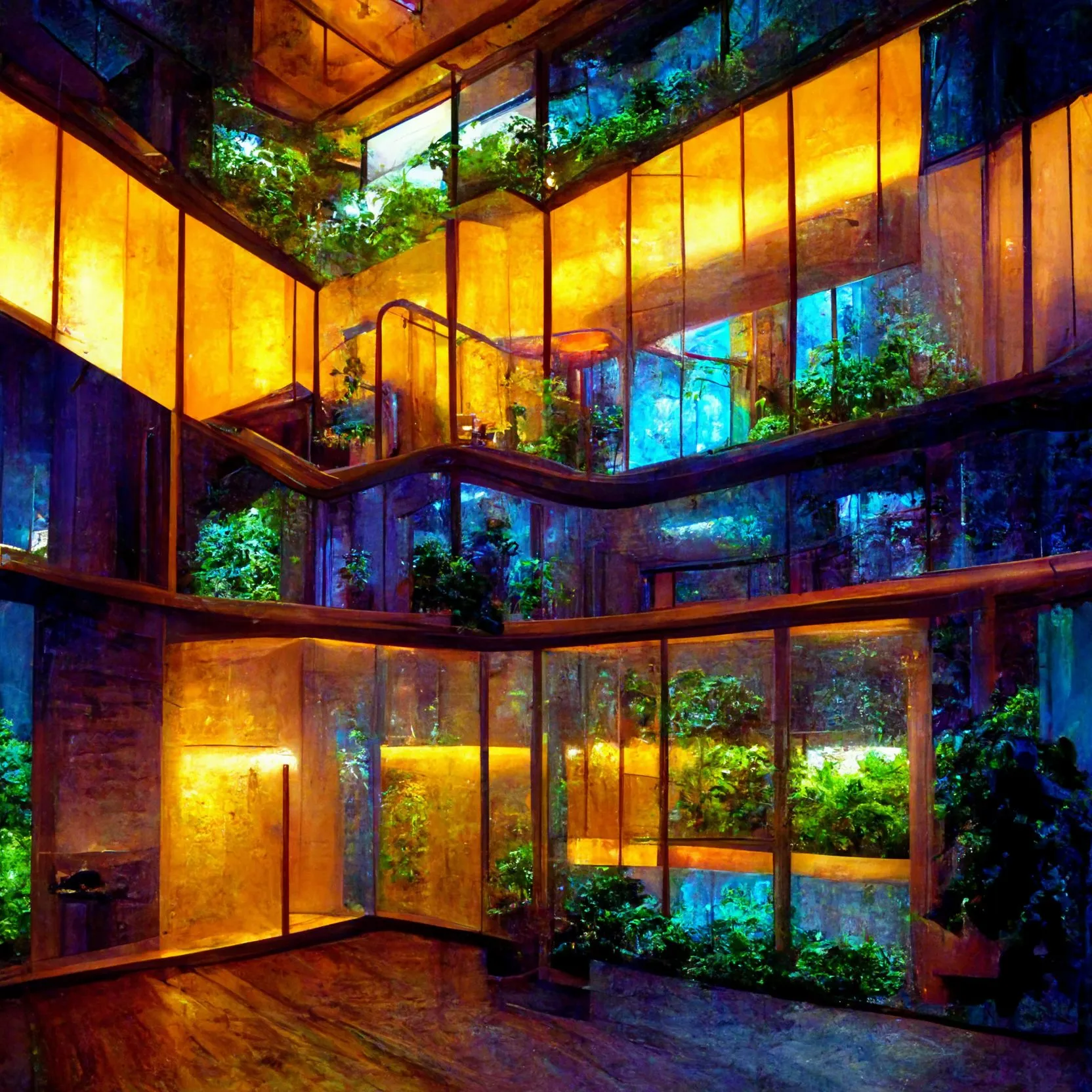 A generated interior in orange and yellow light with glazed planting cases and a spiral stair