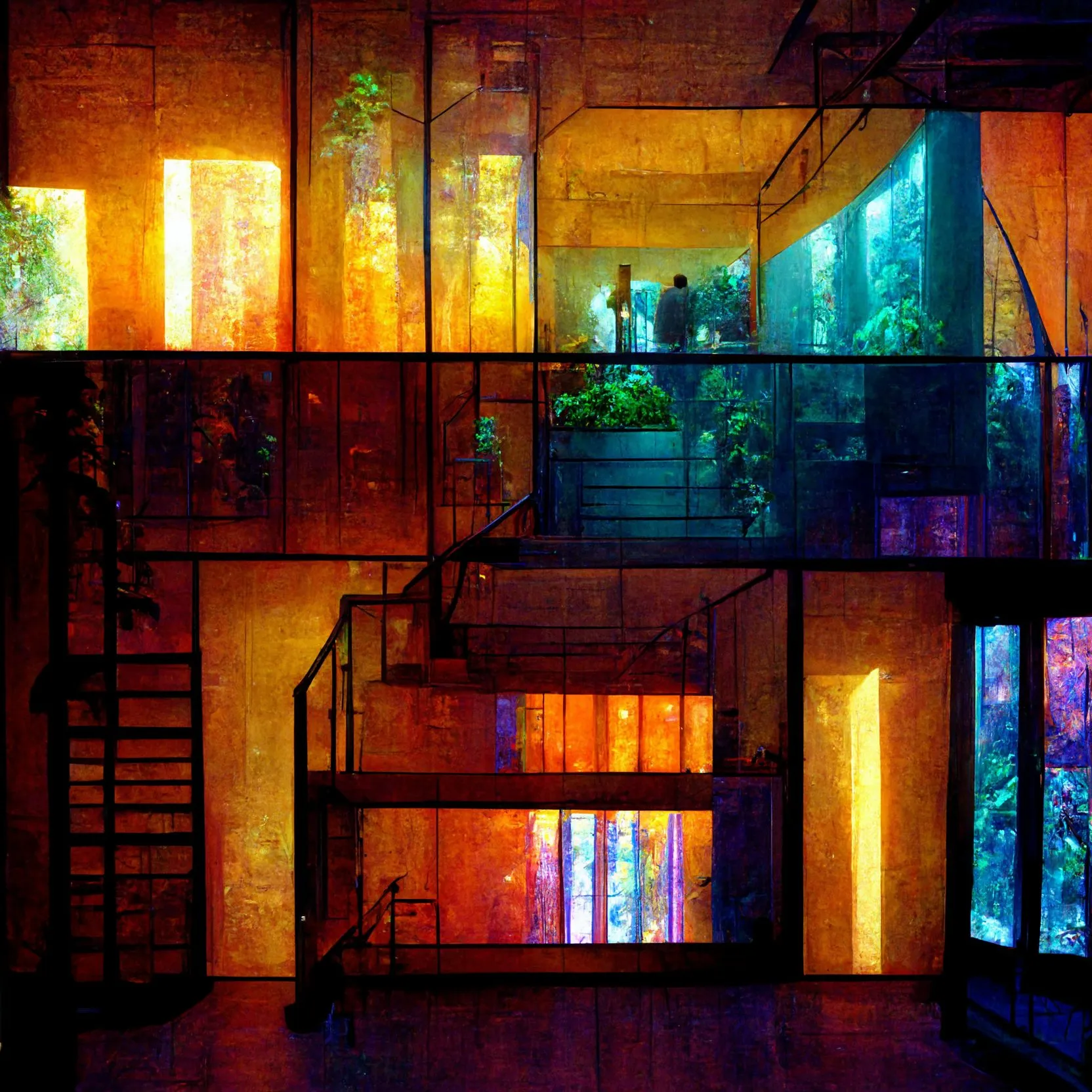 A generated interior of stacked glass cases lit orange, blue and pink, with stairs between them