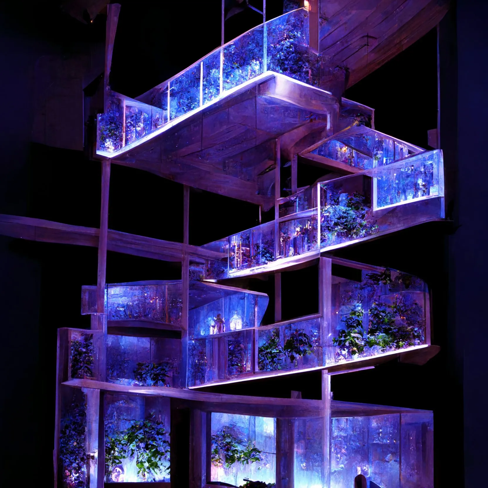 A generated black steel frame carrying glass planting boxes, lit blue and violet