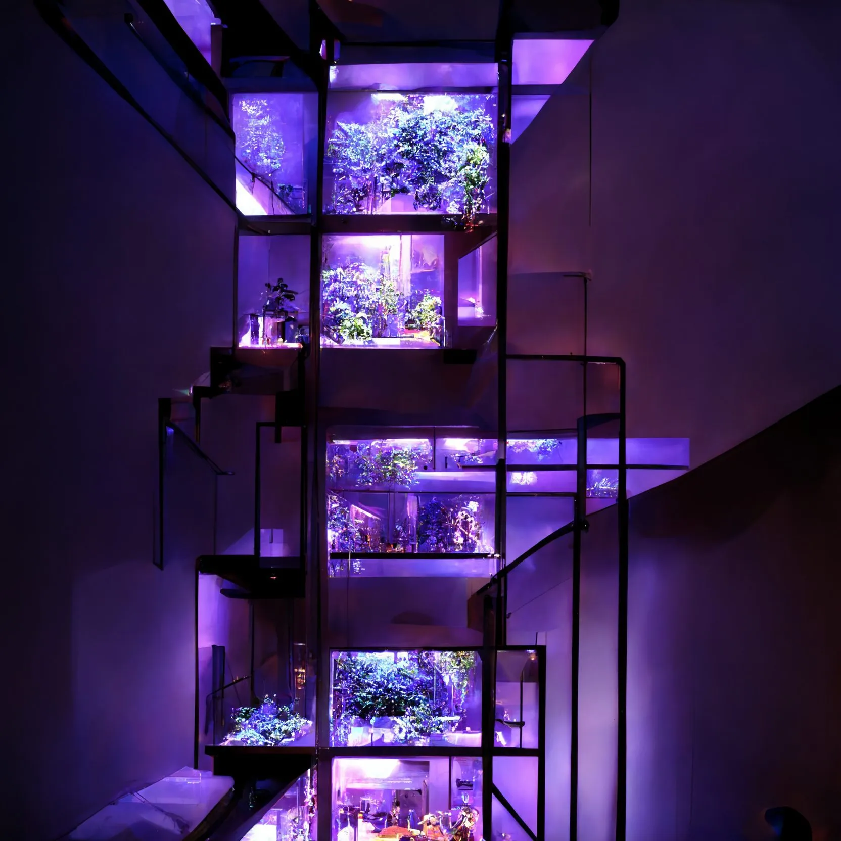 A generated stair tower of glowing, planted glass boxes