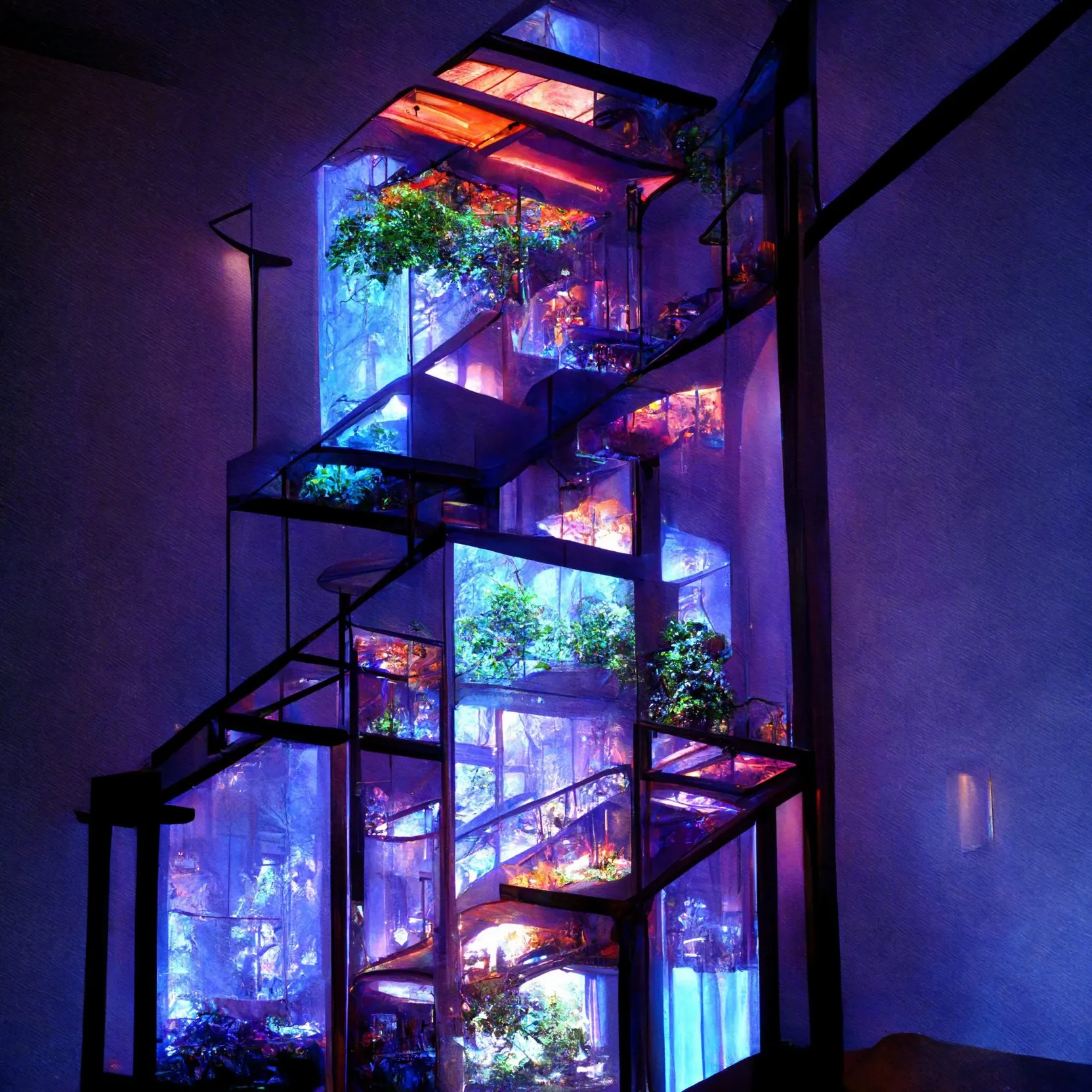 A generated tower of glass cases with plants, lit in blue and pink