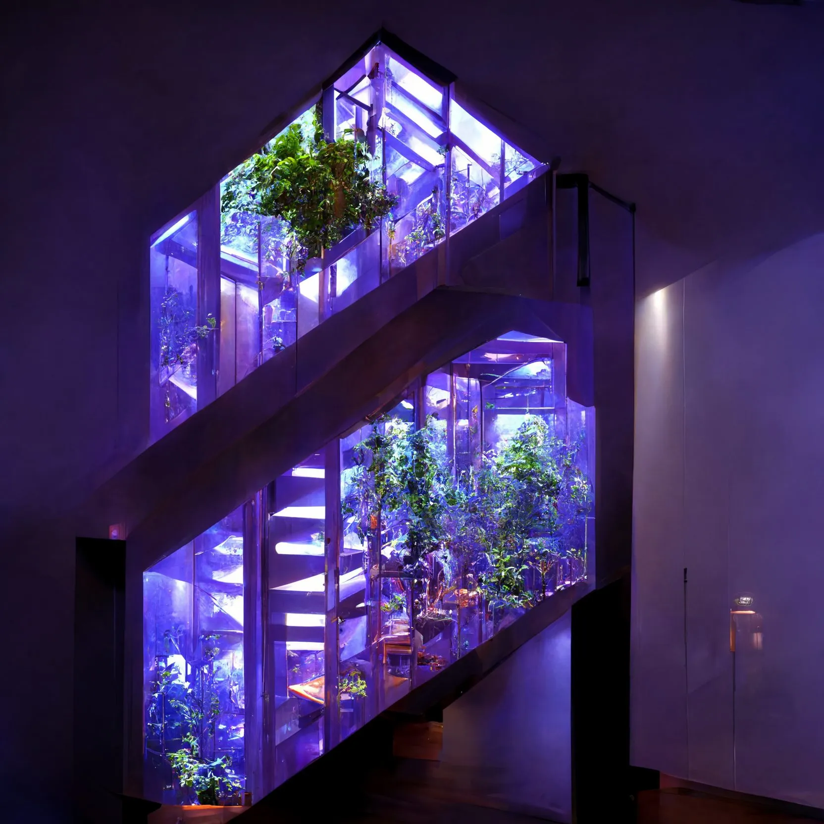 Generated cantilevered glass planting rooms lit blue and violet in a dark hall