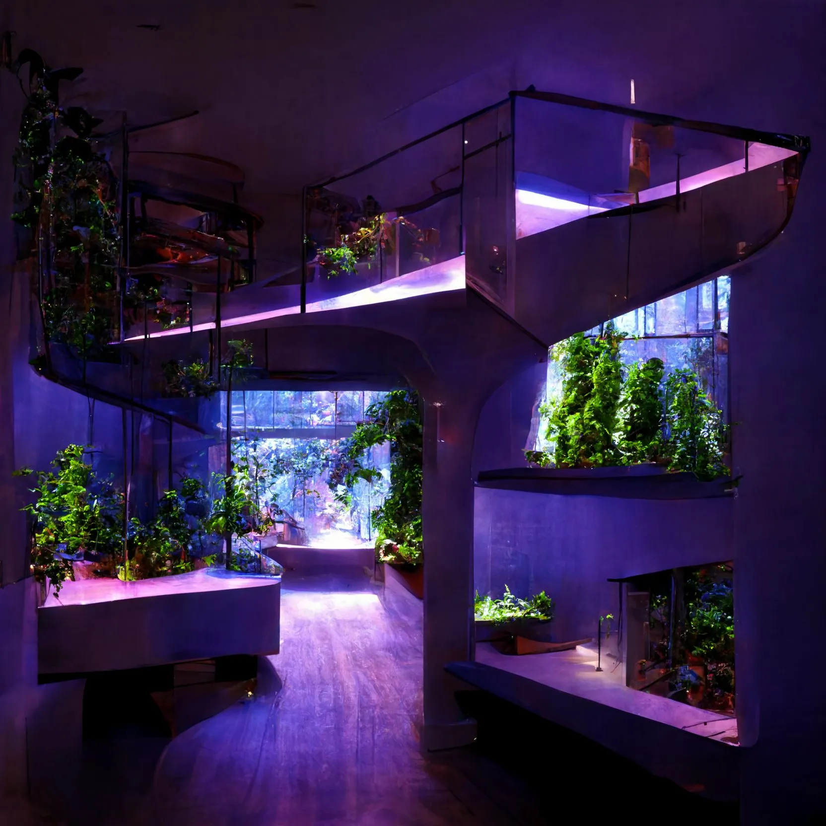 A generated curved balcony with planted glass under purple light