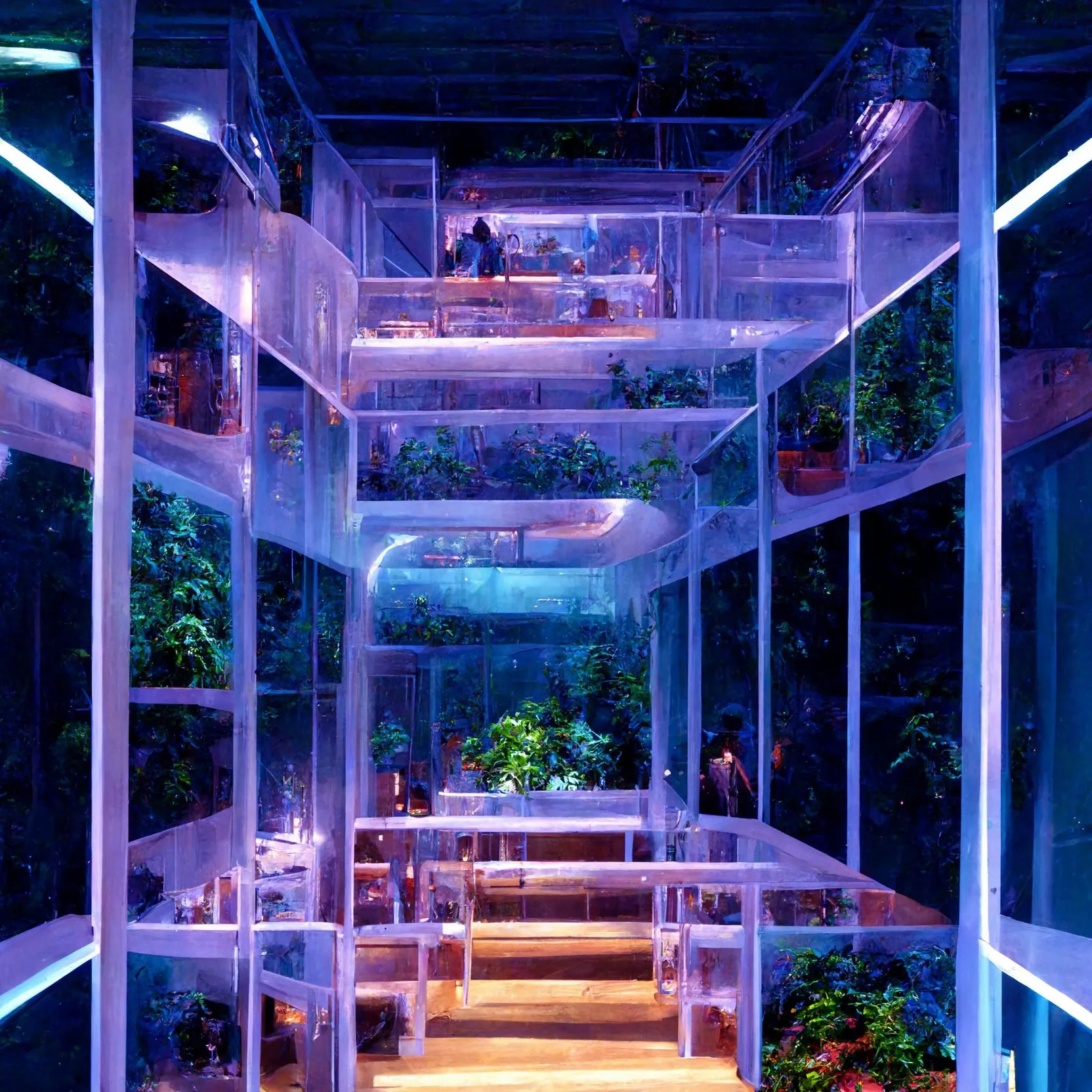 A generated tall glass hall with plants and stairs in violet light