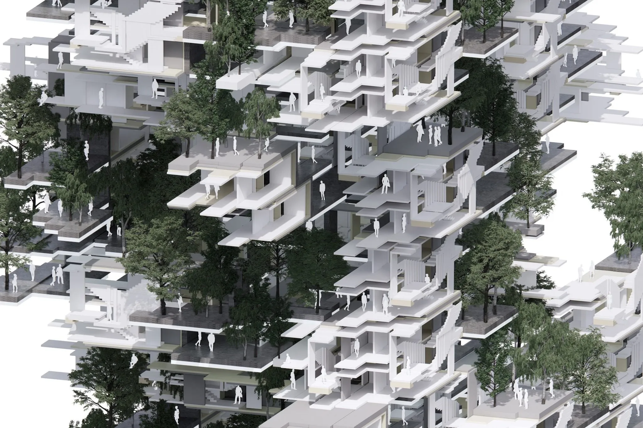 Rendering of the middle level of the housing, its white slabs threaded through a grove of trees