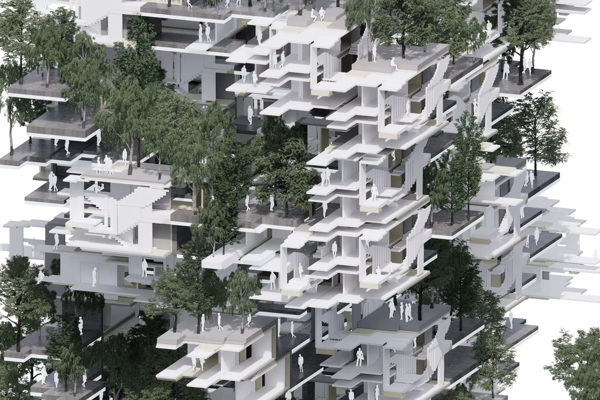 Rendering of stacked white terraces with trees growing between and through them, seen from above