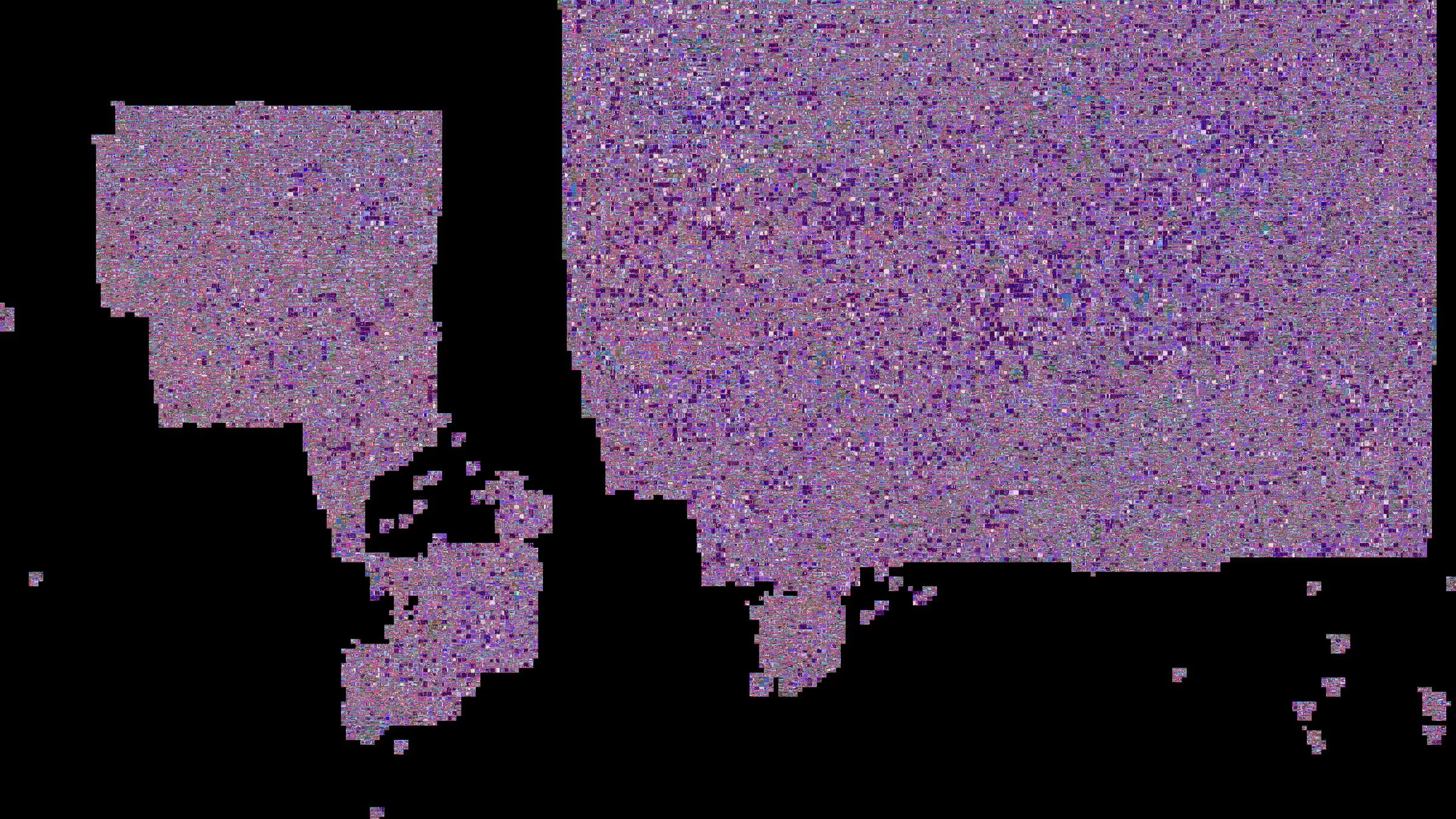 A map of purple and black tiles: embodied carbon estimated per generated city