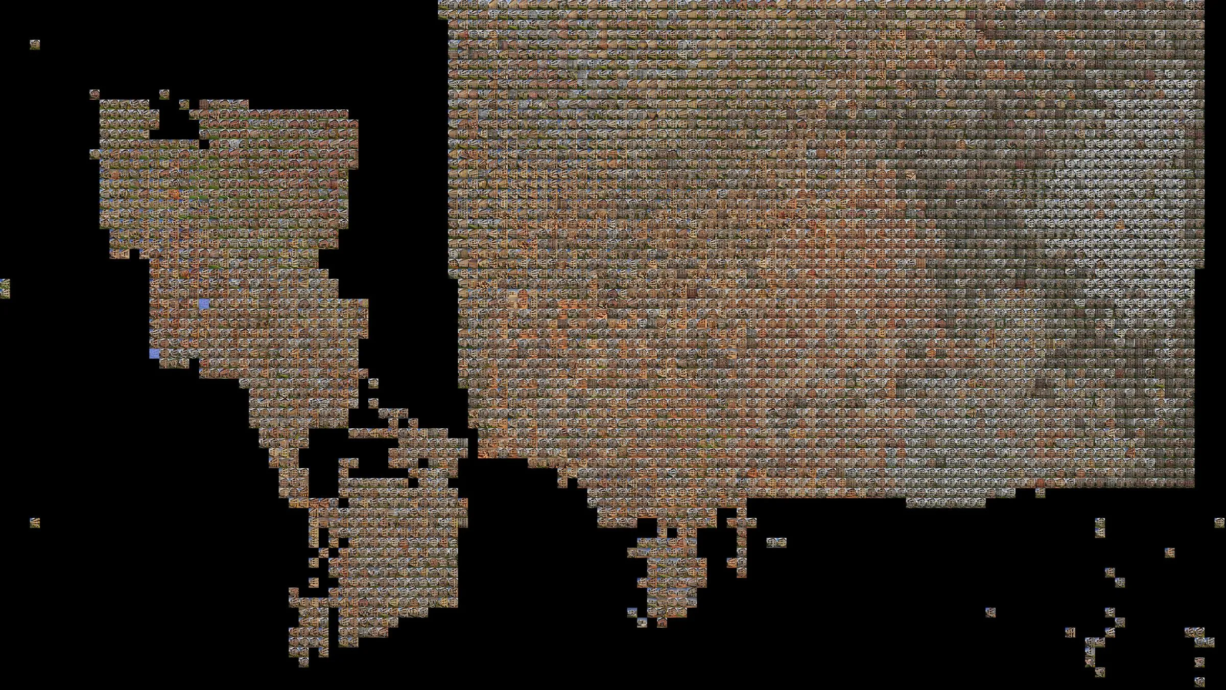 A map assembled from generated tiles of one building type adapted to each city
