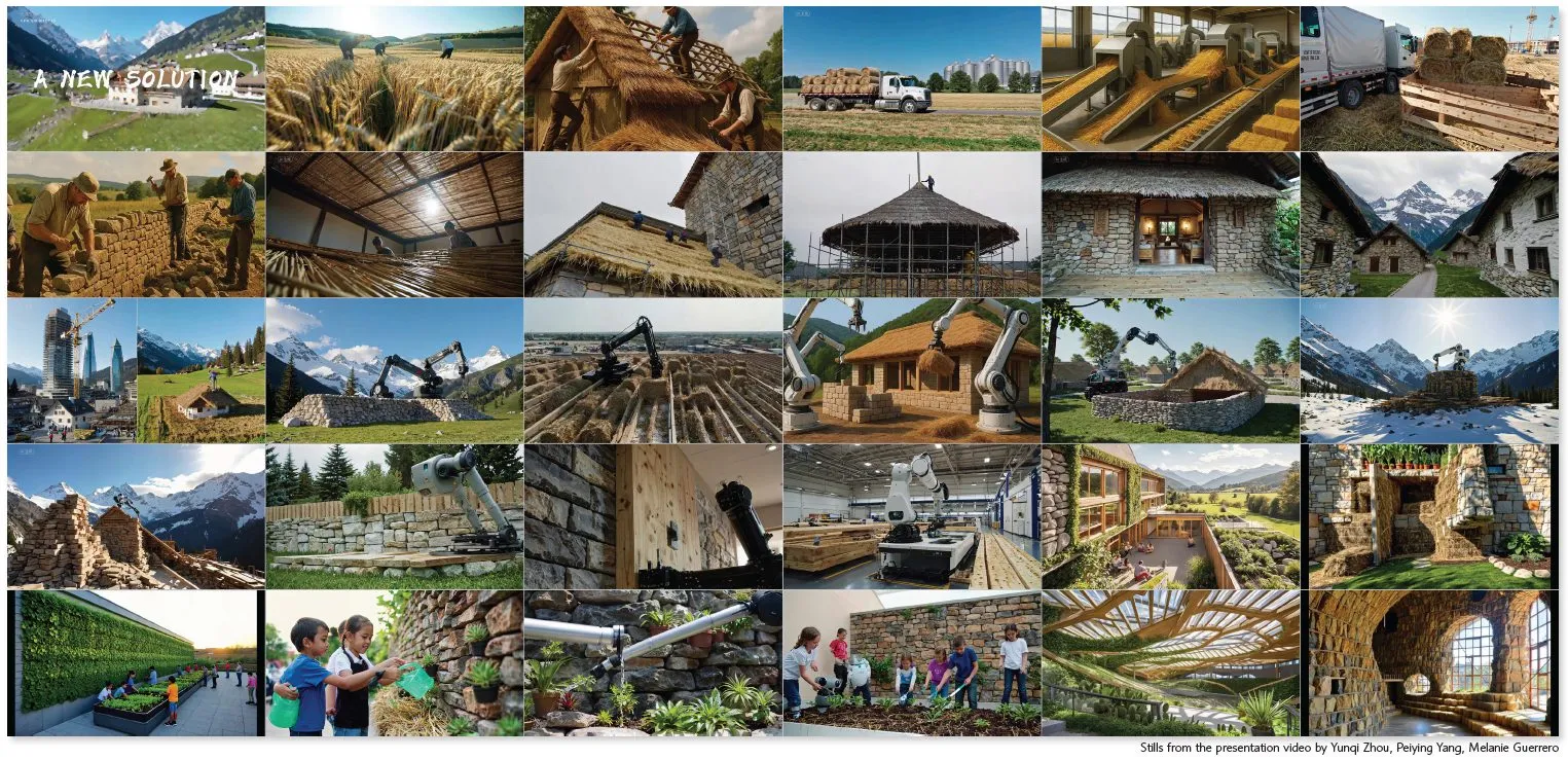A grid of stills from a presentation video: fields, harvests, stone walls, a mountain valley and the school