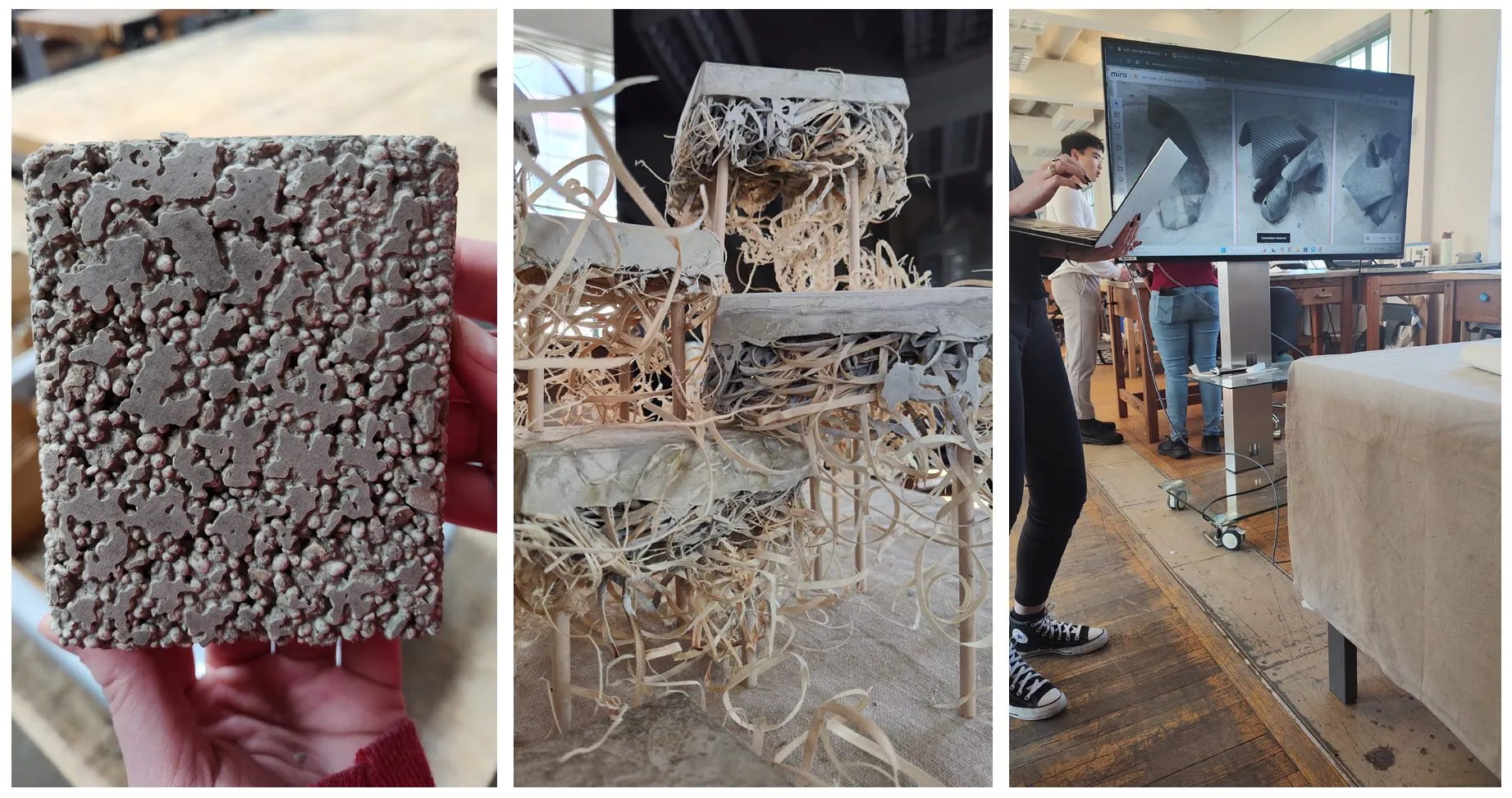 Close view of material samples, tools and hands in the workshop