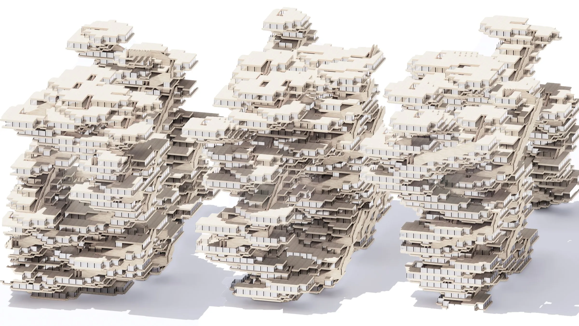 Five sand-coloured stacks of layered rooms on a white ground