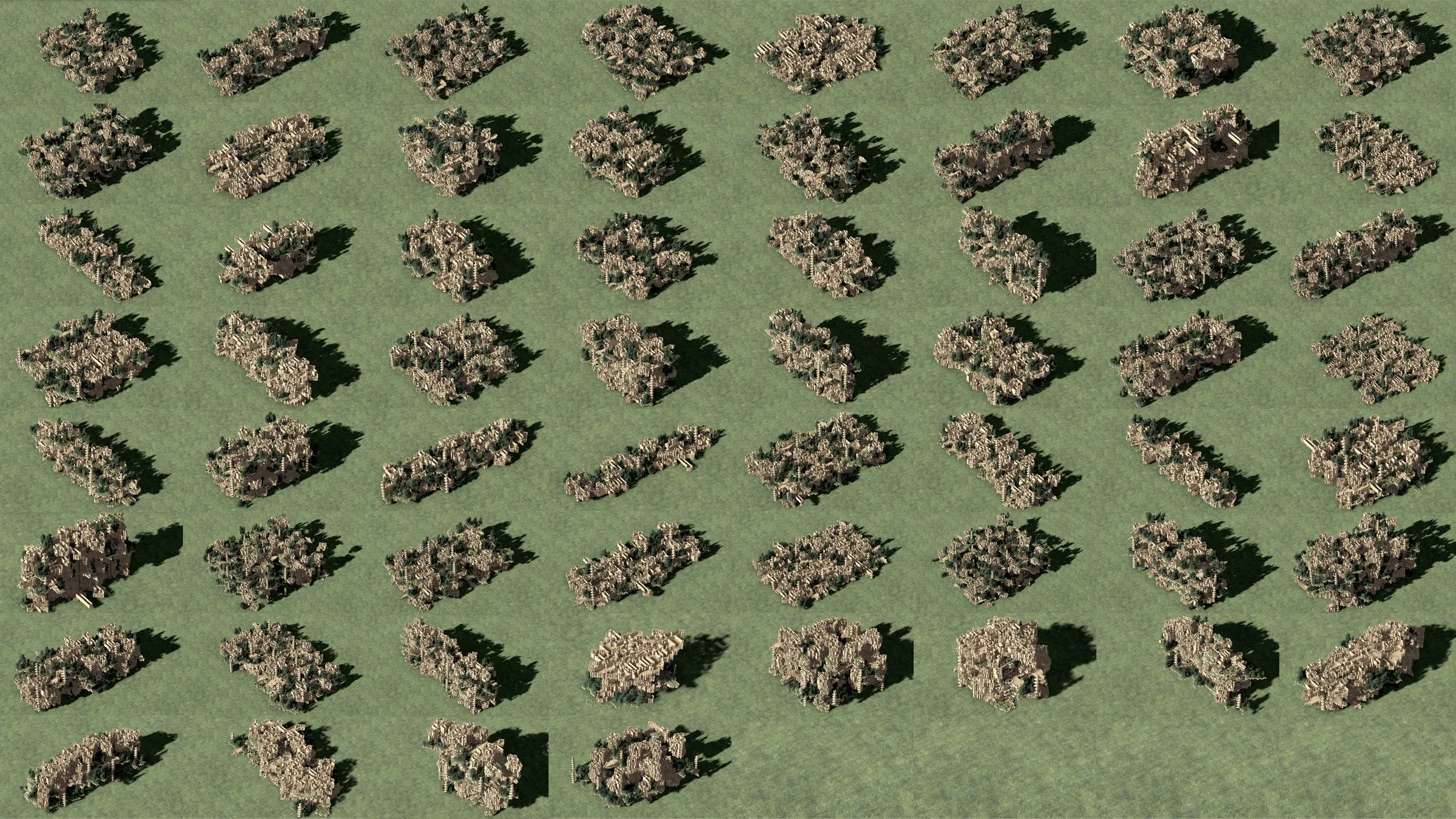 A grid of forty small ensembles on green ground, seen from above