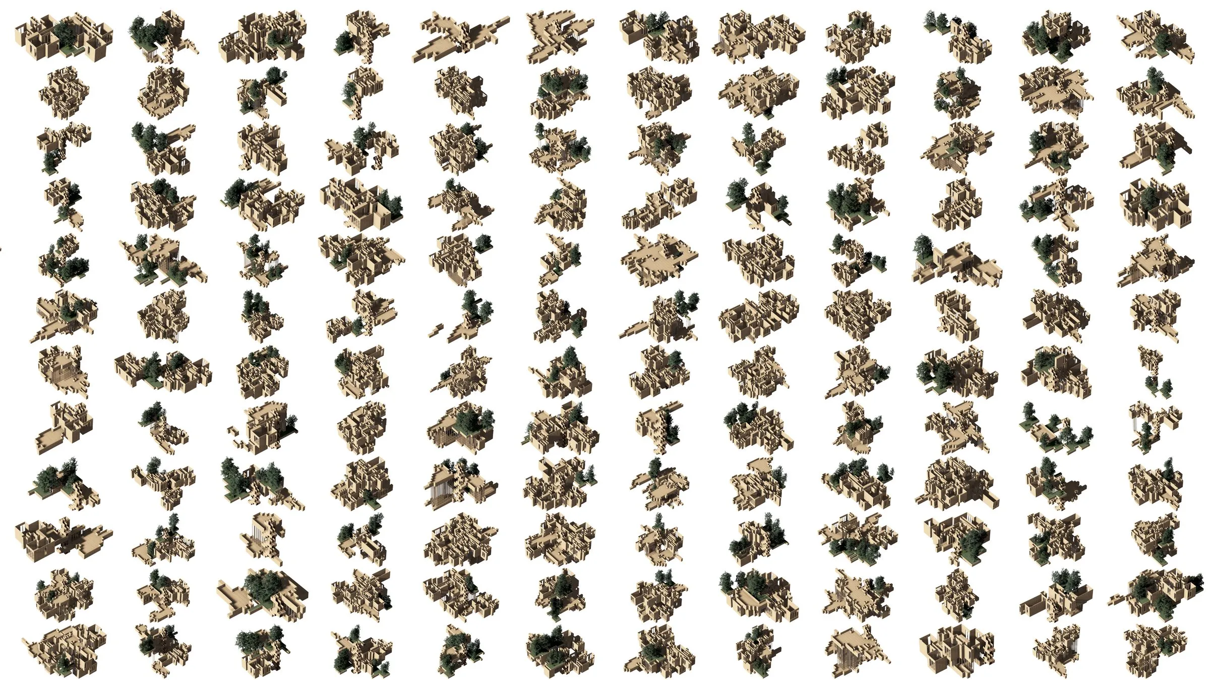Columns of aggregated parts with trees, arranged in rows