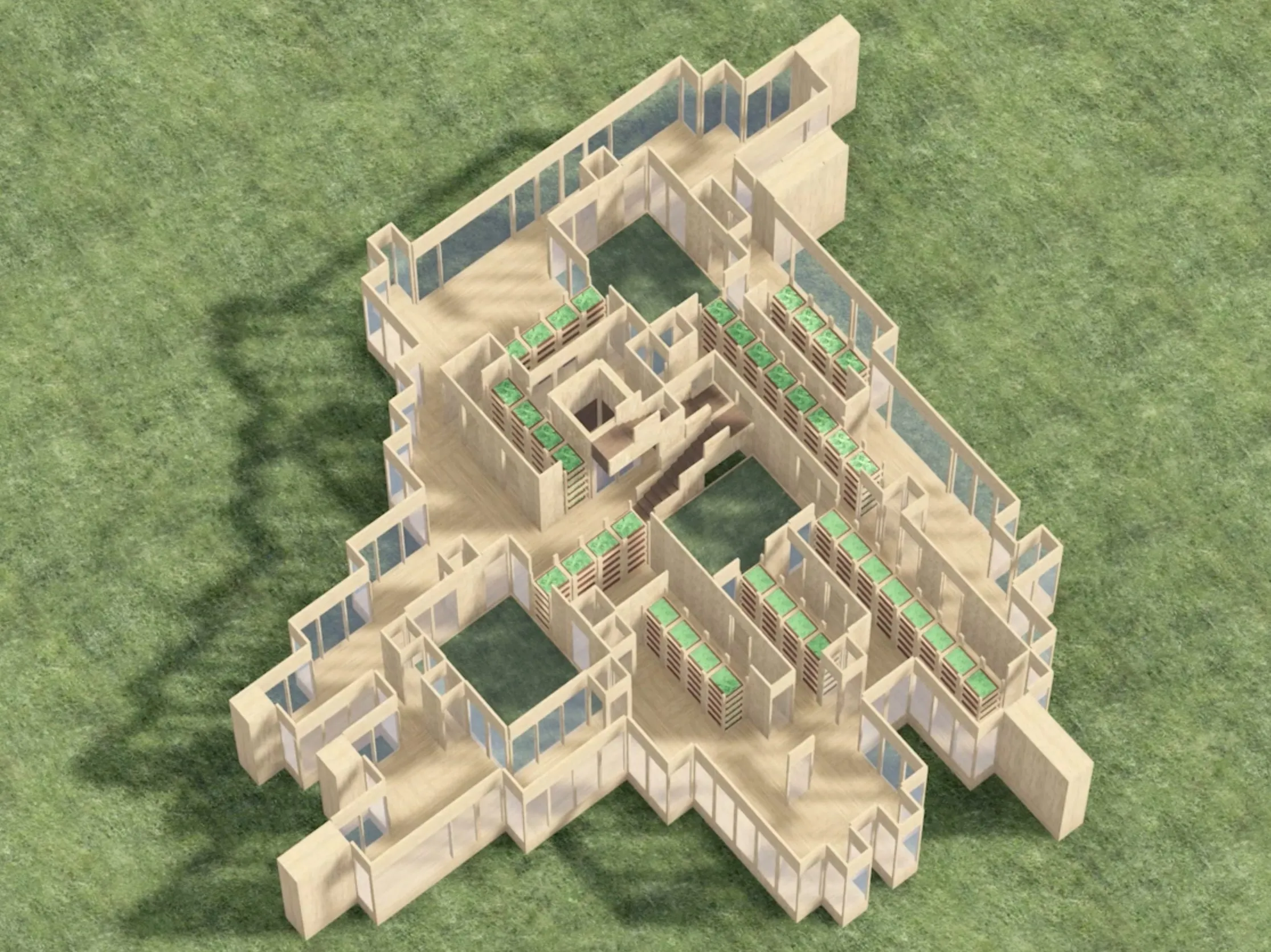 A stack of sand-colored rooms cut open from above, planted beds and glazed walls inside, on a green ground
