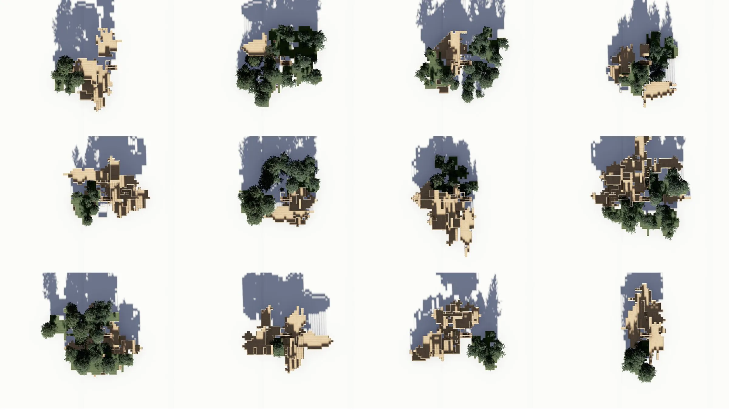 Twelve plans of ensembles in blue and beige