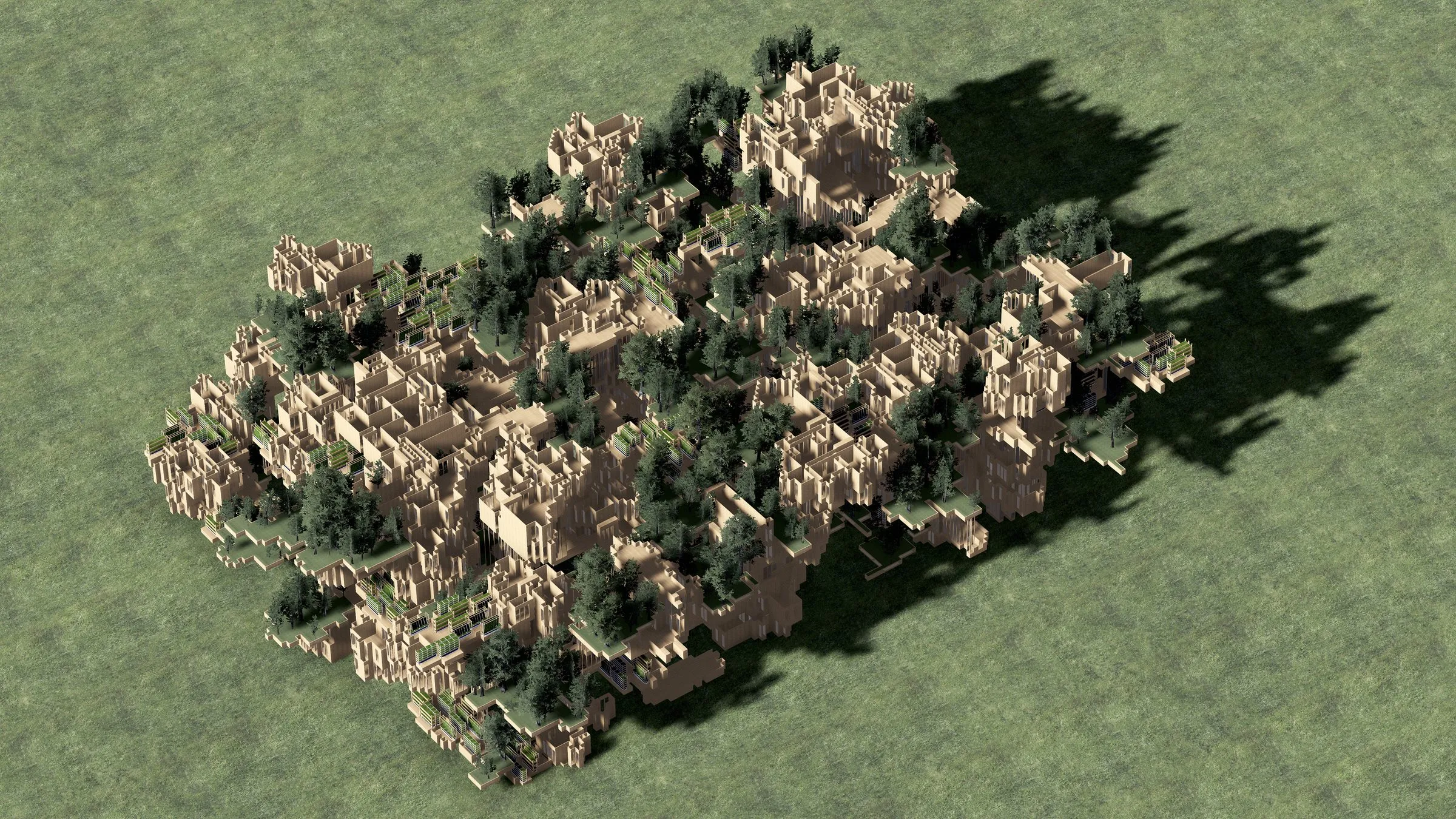 A large sand-coloured ensemble with trees seen from above on green ground