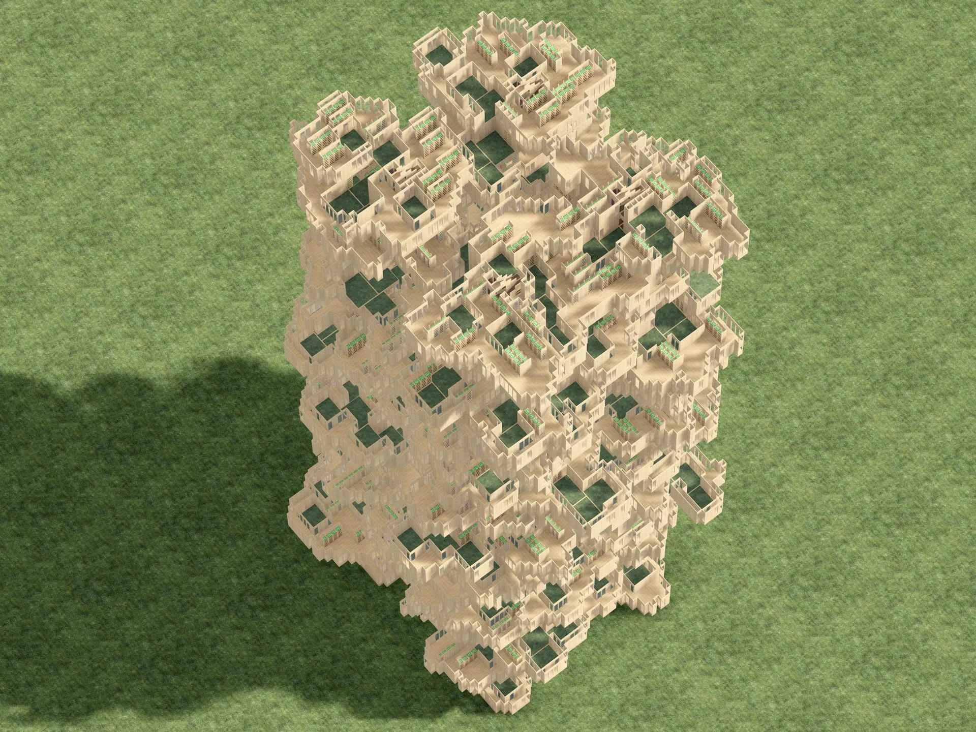 A tower of the same sand-colored parts casting a long shadow on green ground