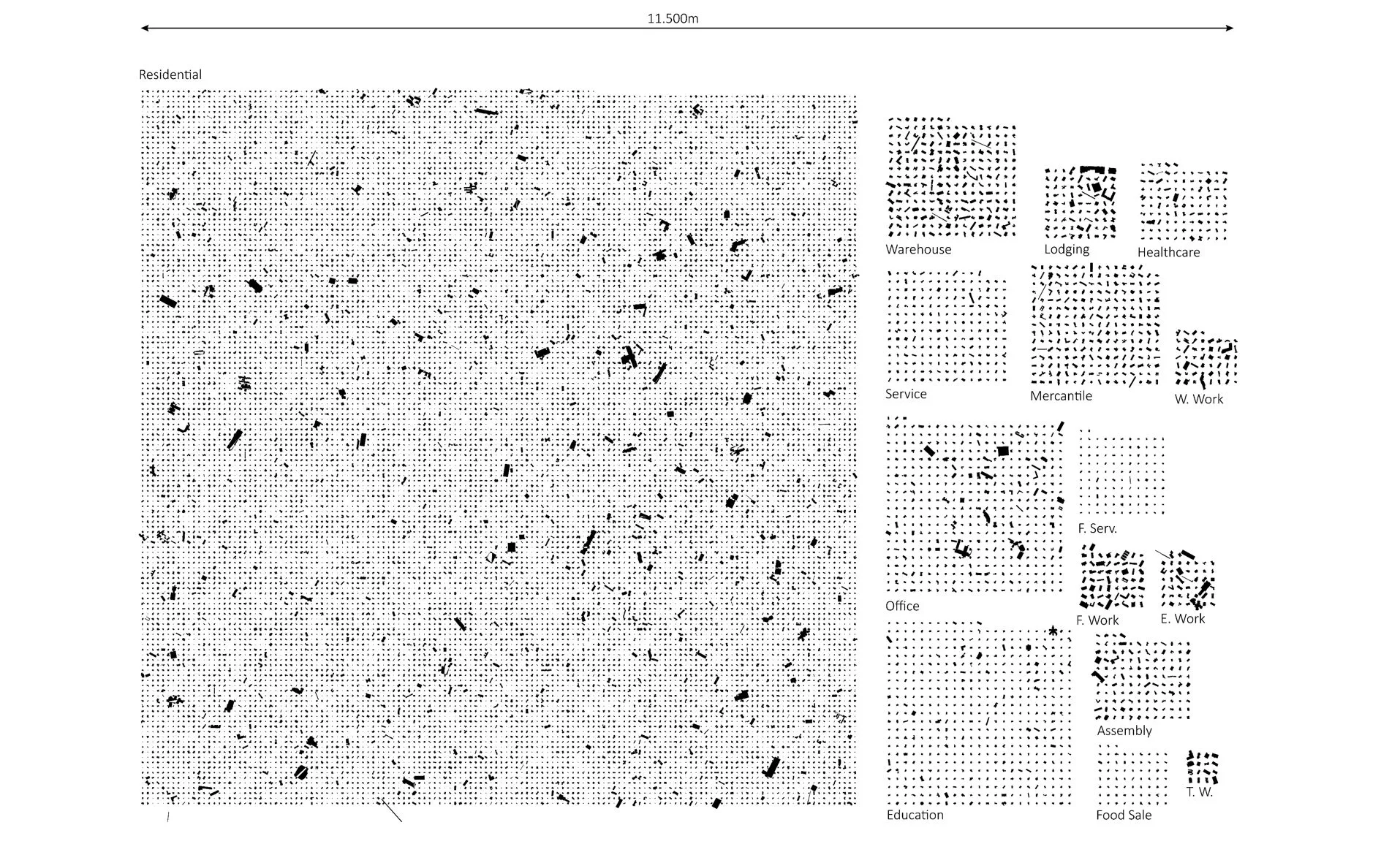 The building footprints built in one year in Austin, drawn as one black field with inset grids