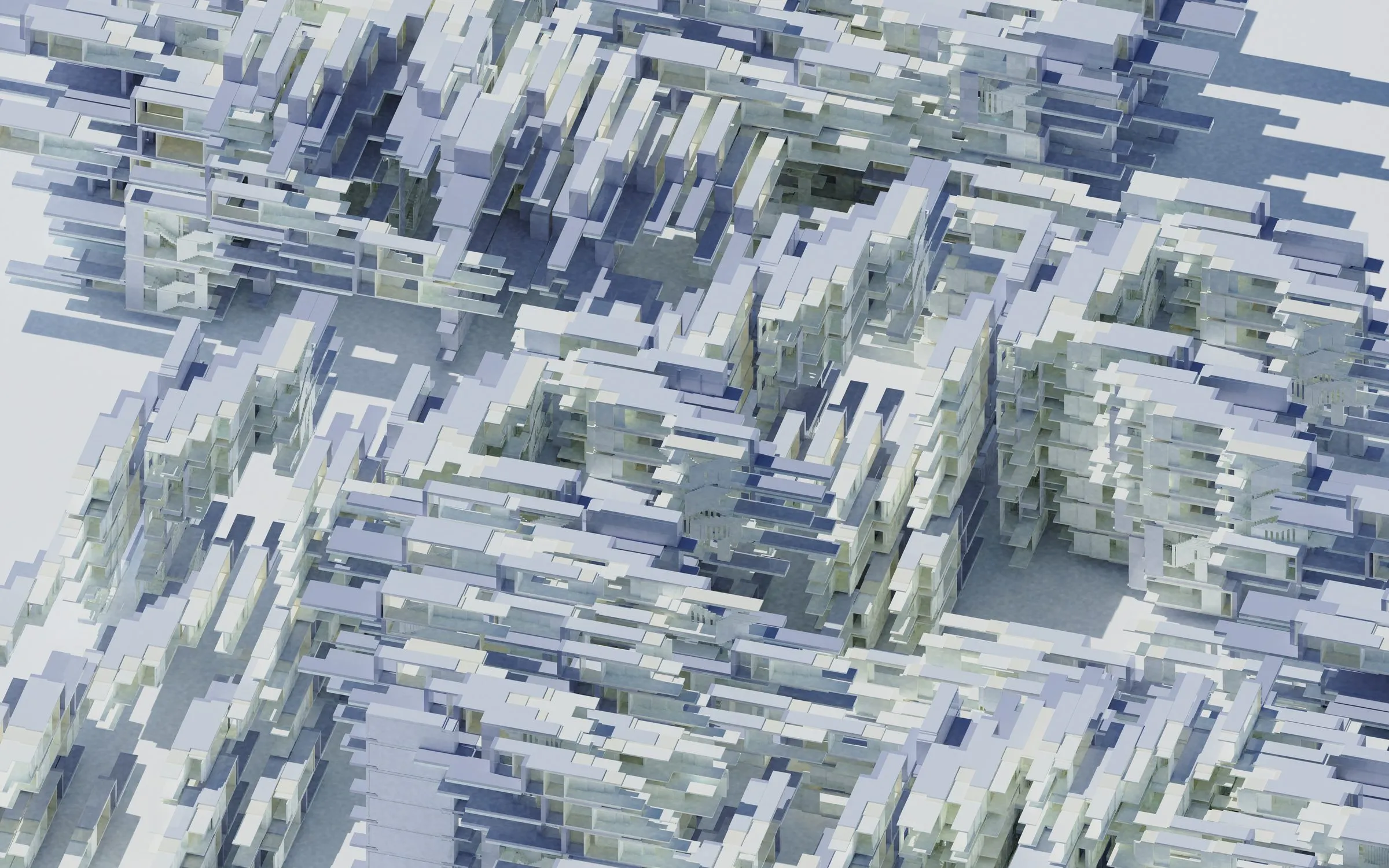 A field of interlocking parts seen from above, reading as a settlement