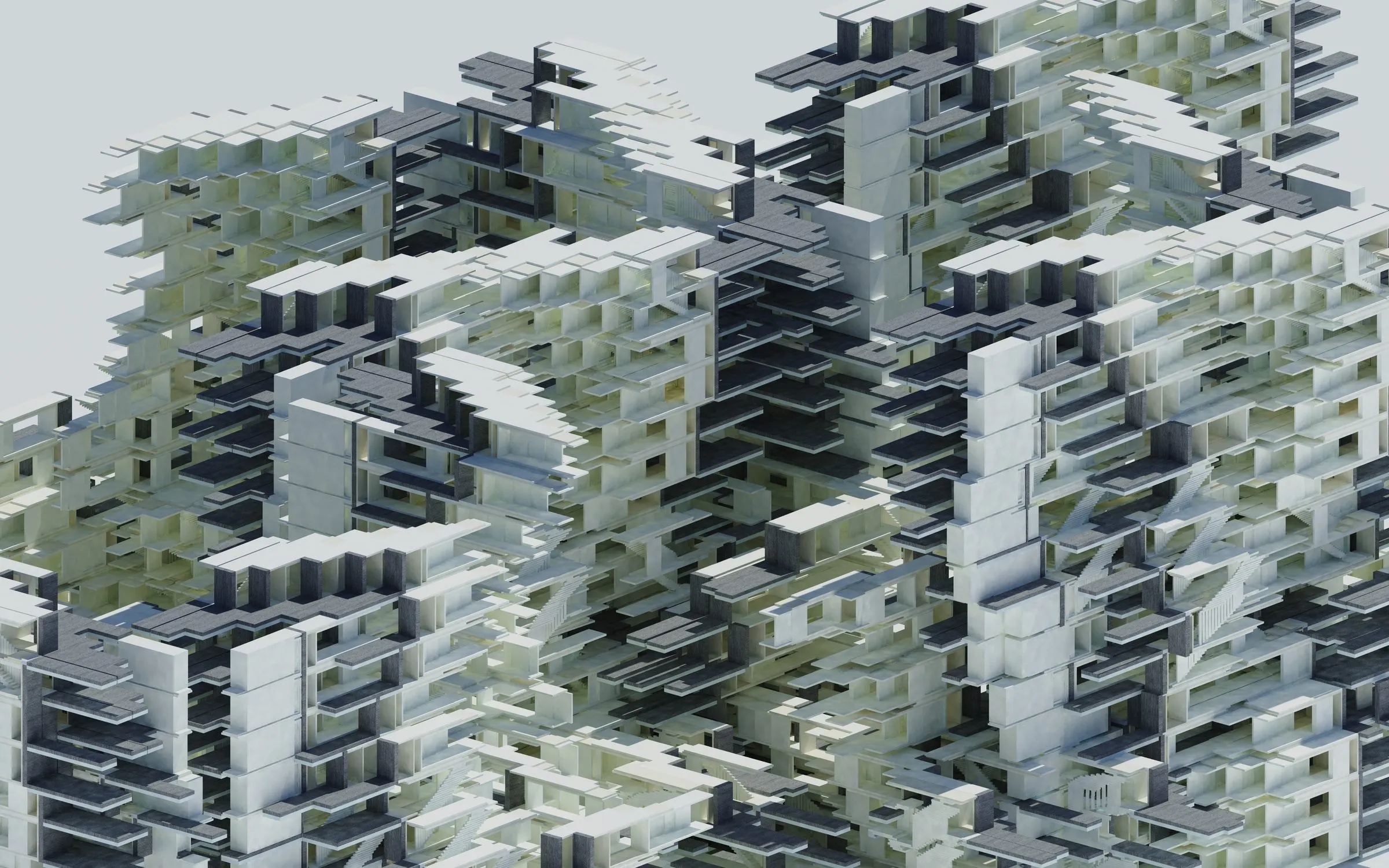 A fragment of the assembly on the ground: a few parts locked into a house-sized cluster