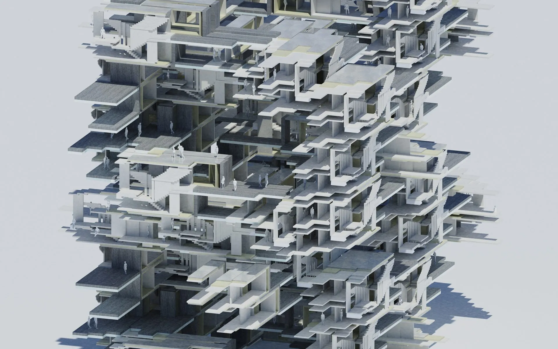 A dense tower assembled from pale prefabricated slabs and frames, rendered on a light grey ground