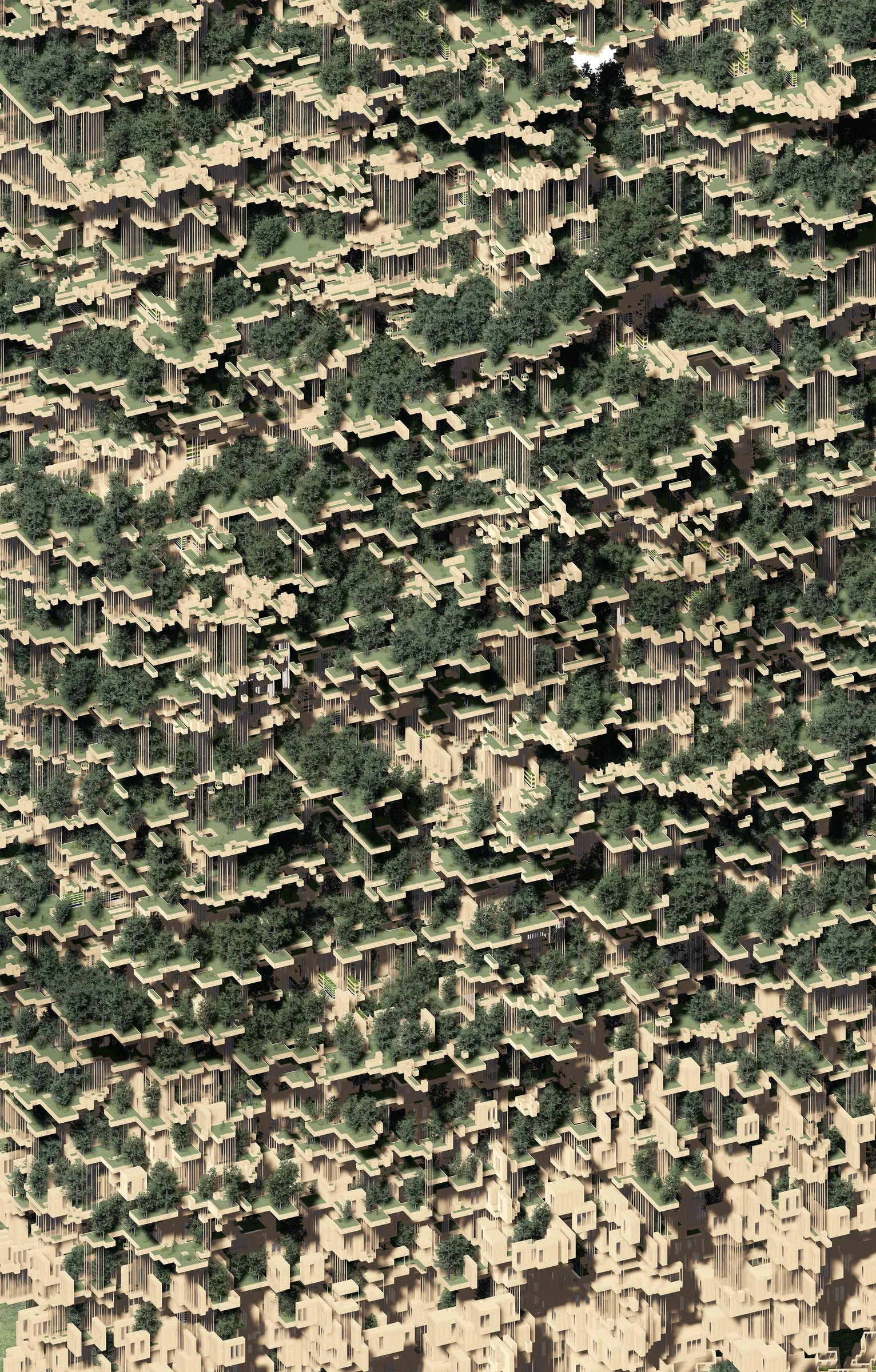 A drawing of a dense city fabric with green voids