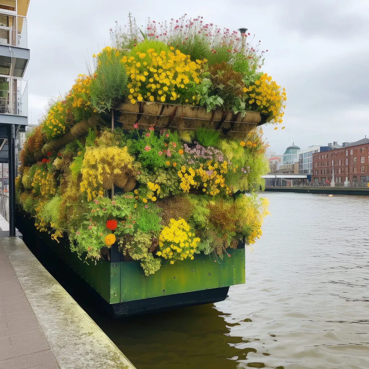 A generated photograph of a floating planter covered in yellow flowers on a Dutch canal