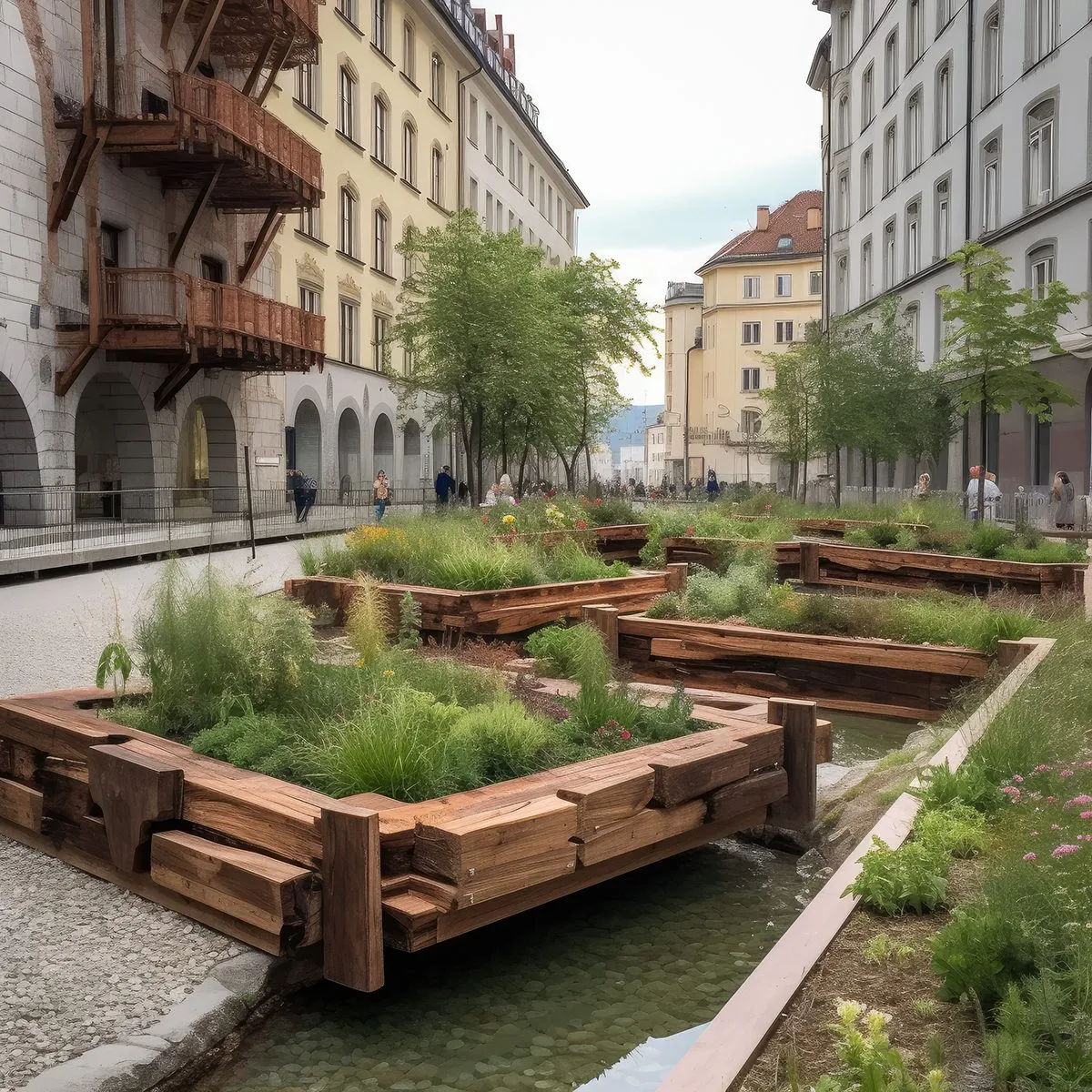 A generated photograph of timber garden beds planted with flowers on a paved city square