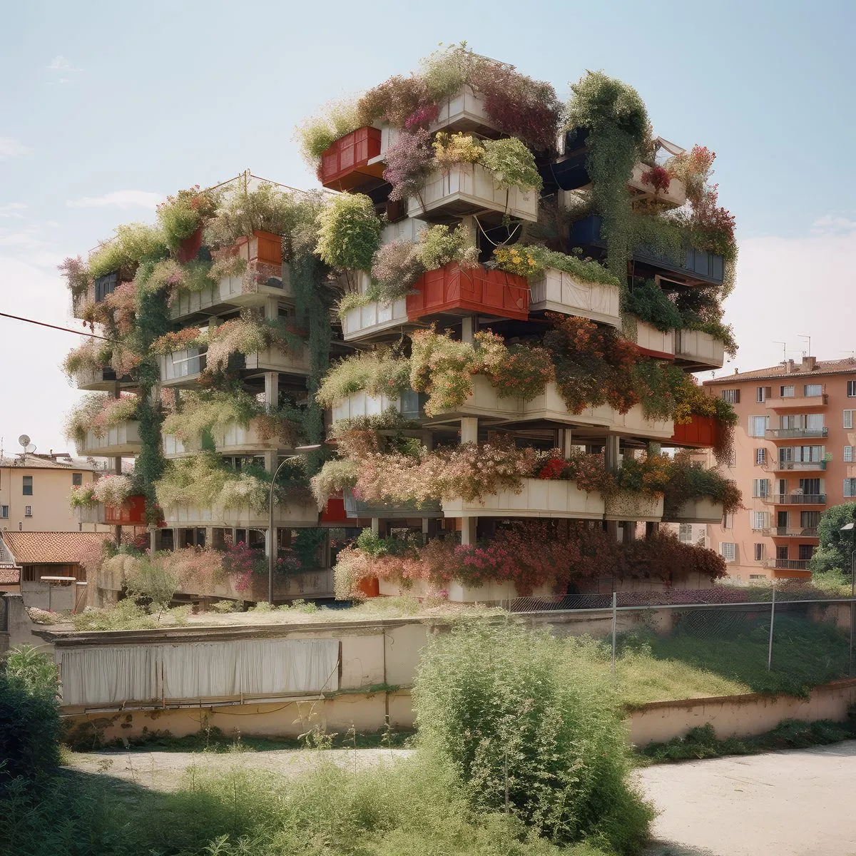 A generated photograph of garden beds stacked on a concrete frame above a city plaza