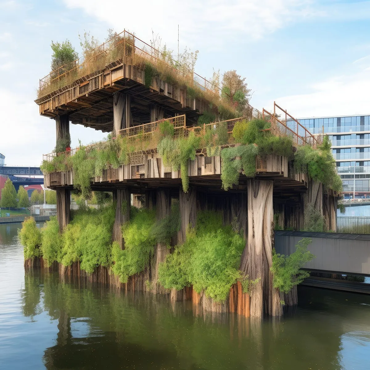 A generated photograph of a planted concrete structure standing on stilts in a river