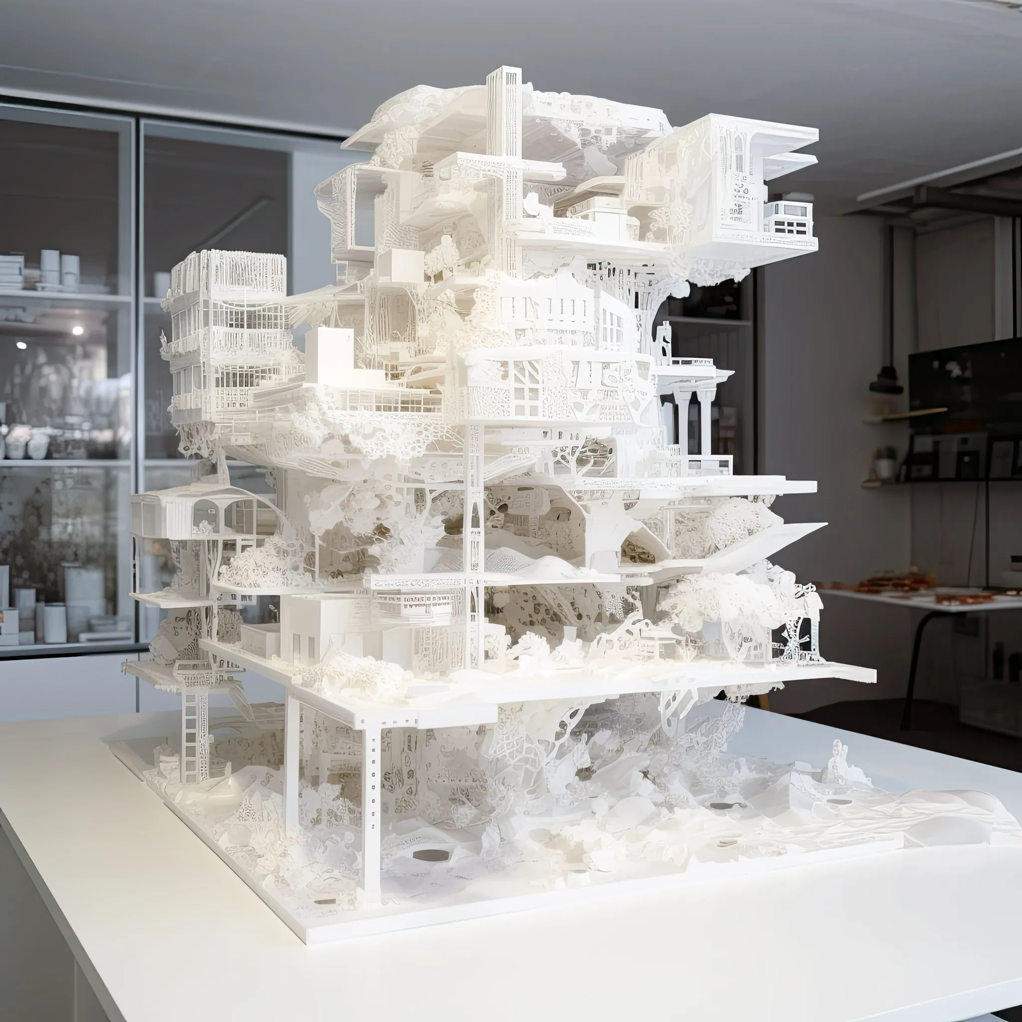 A white 3D-printed apartment model, tall and porous, on a table in a white studio