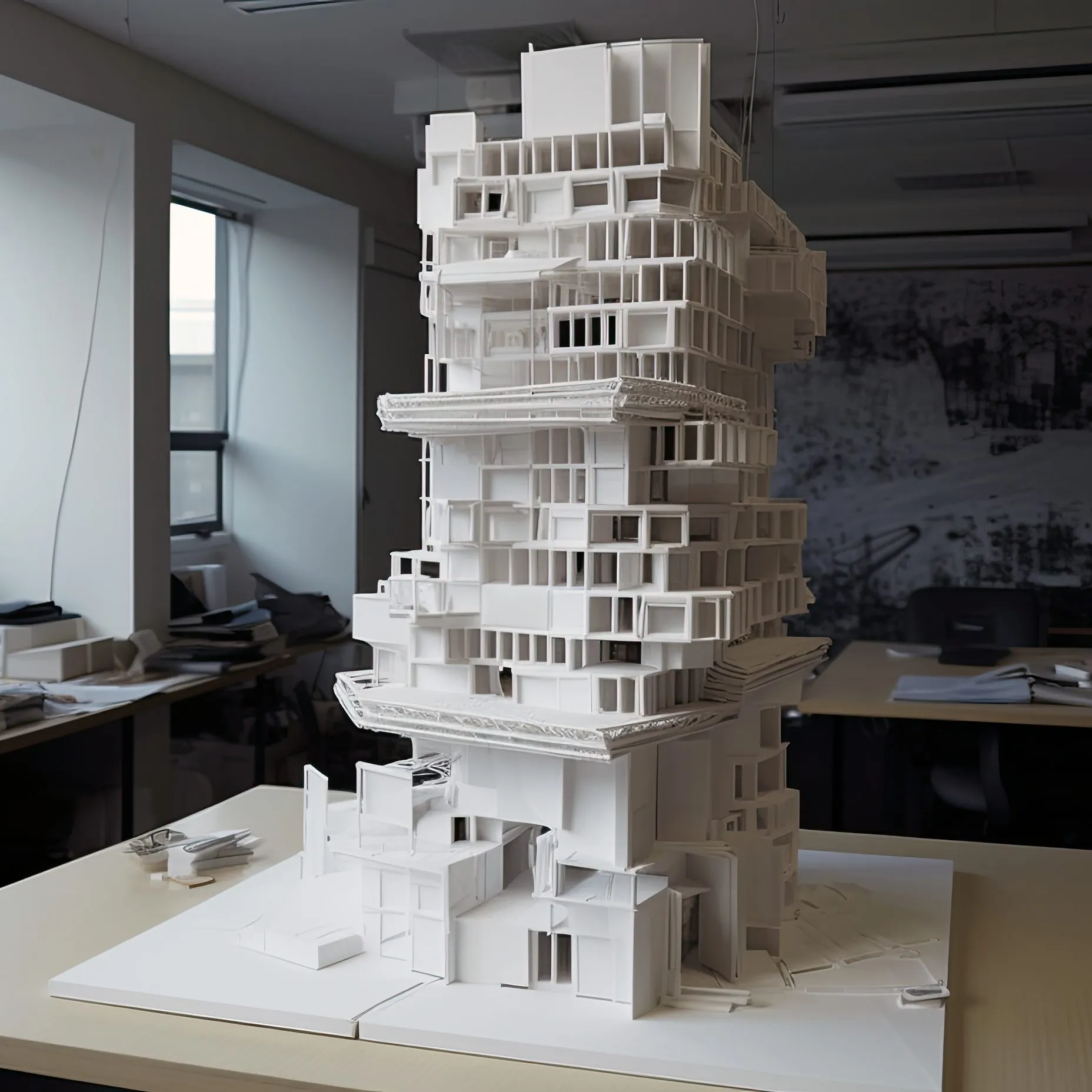 A white tower-house model with open floors and stairs, standing on a desk in a white office
