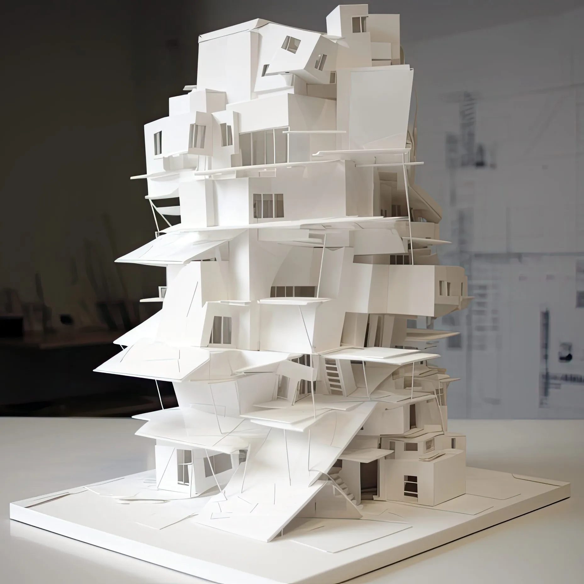 A white tower-house model with open floors and stairs, standing on a desk in a white office