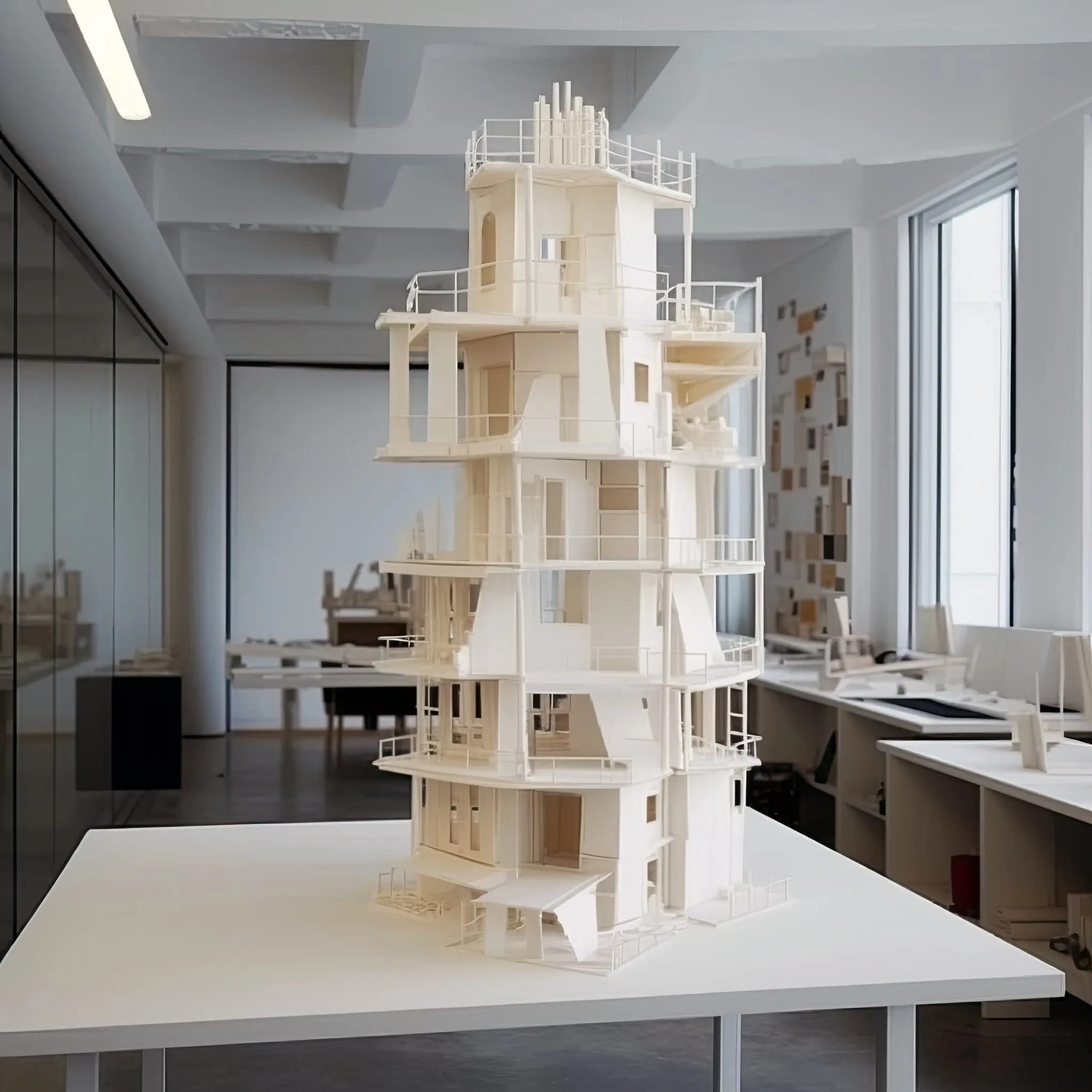 A white tower-house model with open floors and stairs, standing on a desk in a white office