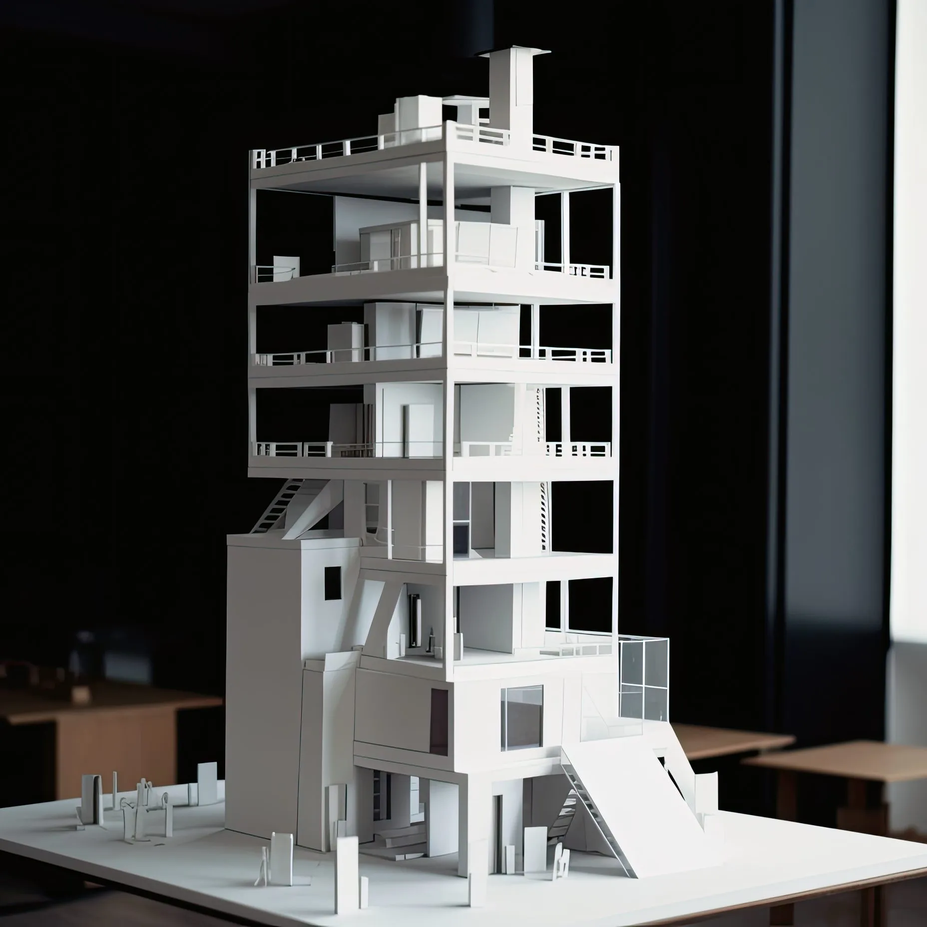 A white tower-house model with open floors and stairs, standing on a desk in a white office