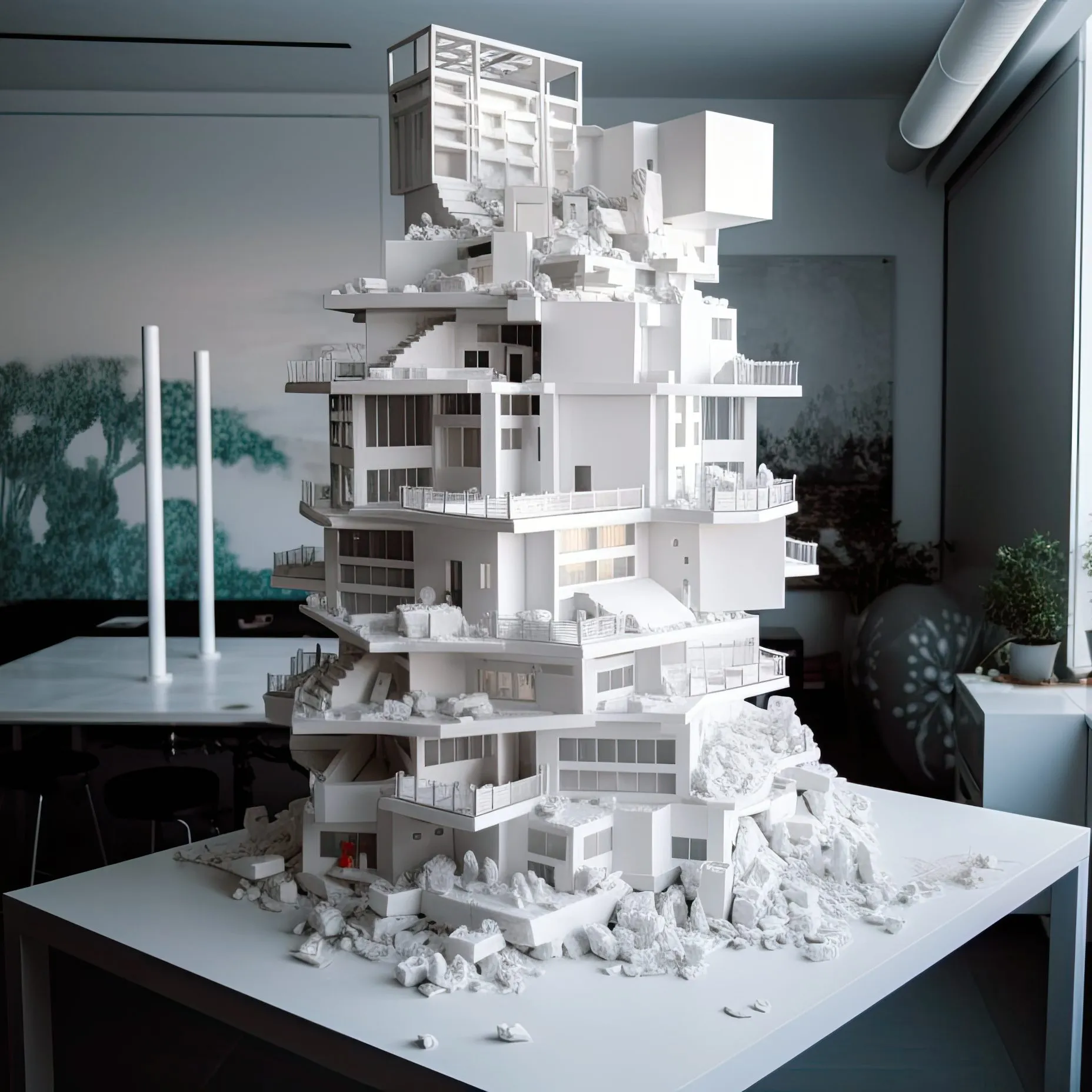 A white tower-house model with open floors and stairs, standing on a desk in a white office