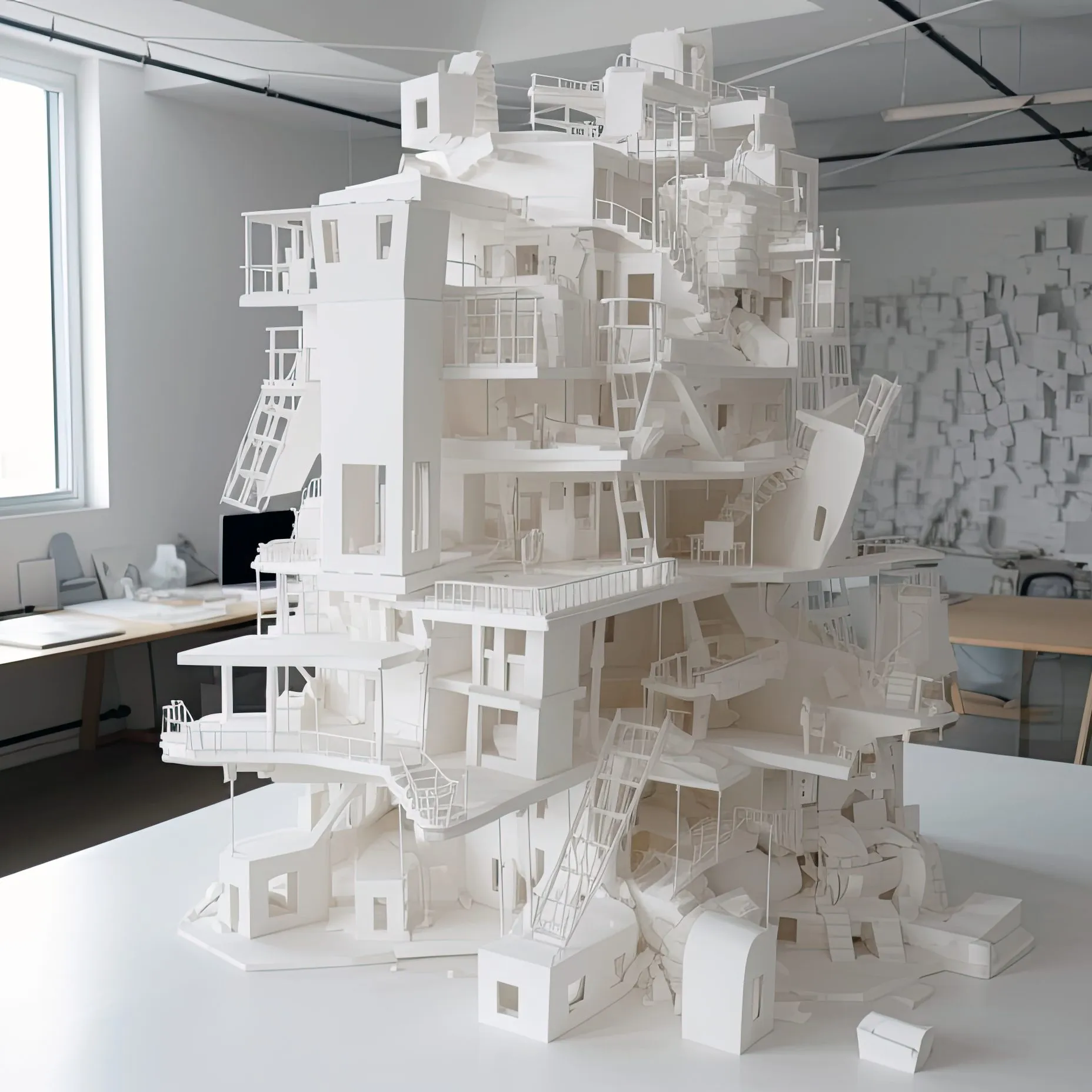 A white tower-house model with open floors and stairs, standing on a desk in a white office