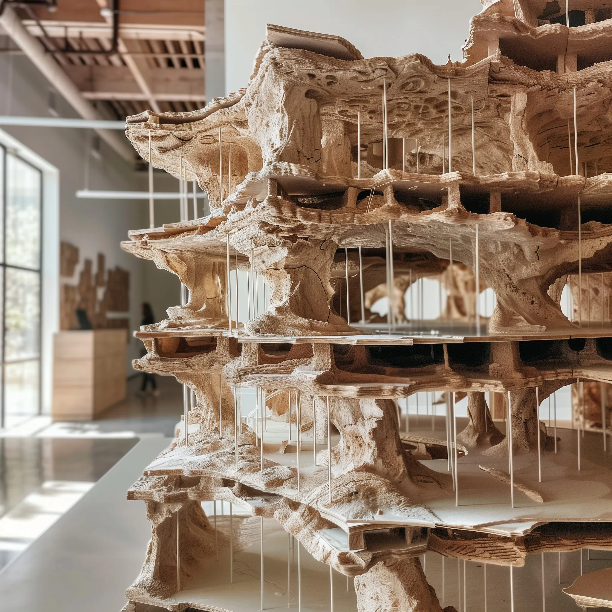 A tan model of stacked windows and terraces, carved like rock, on a table by a window