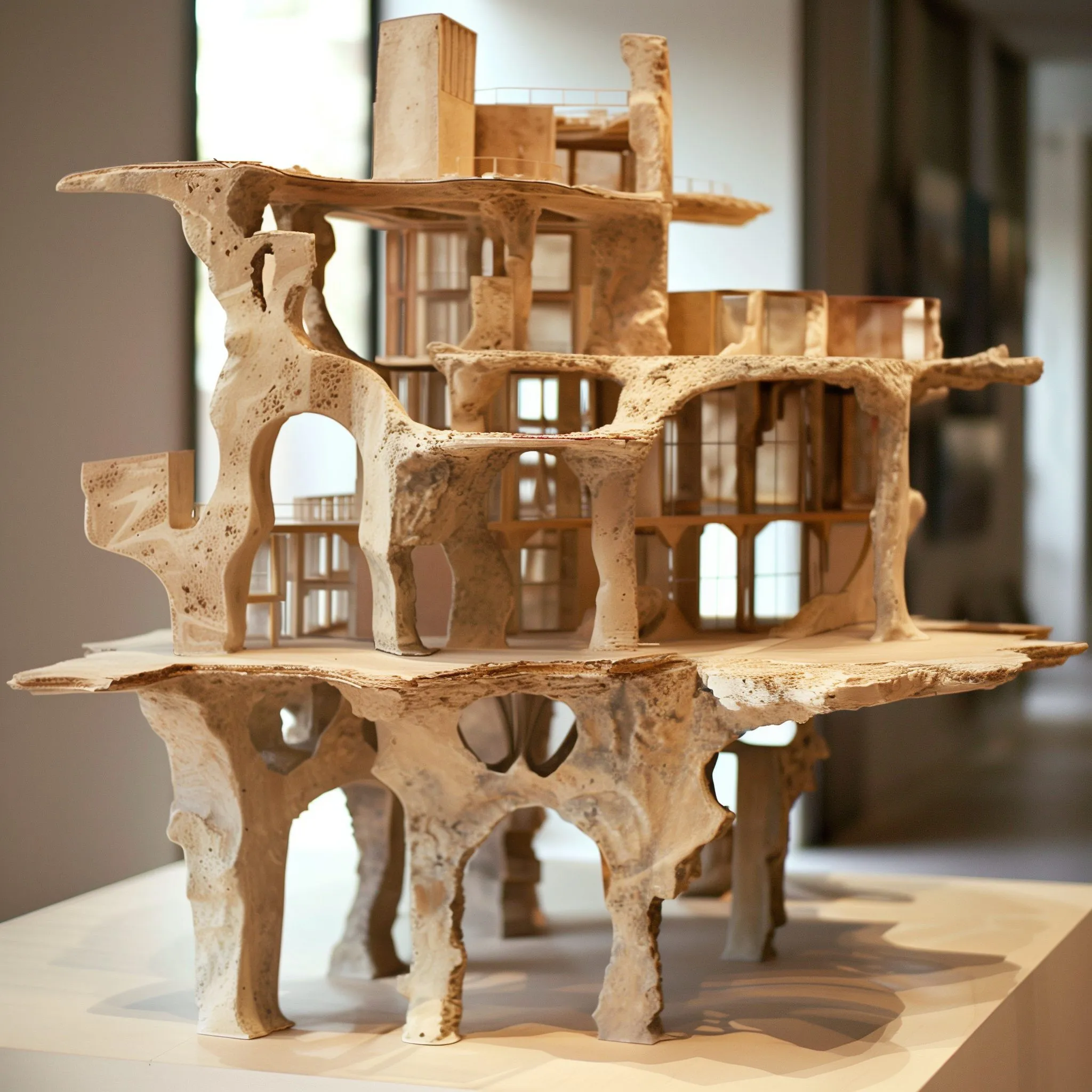 A tan model of stacked windows and terraces, carved like rock, on a table by a window