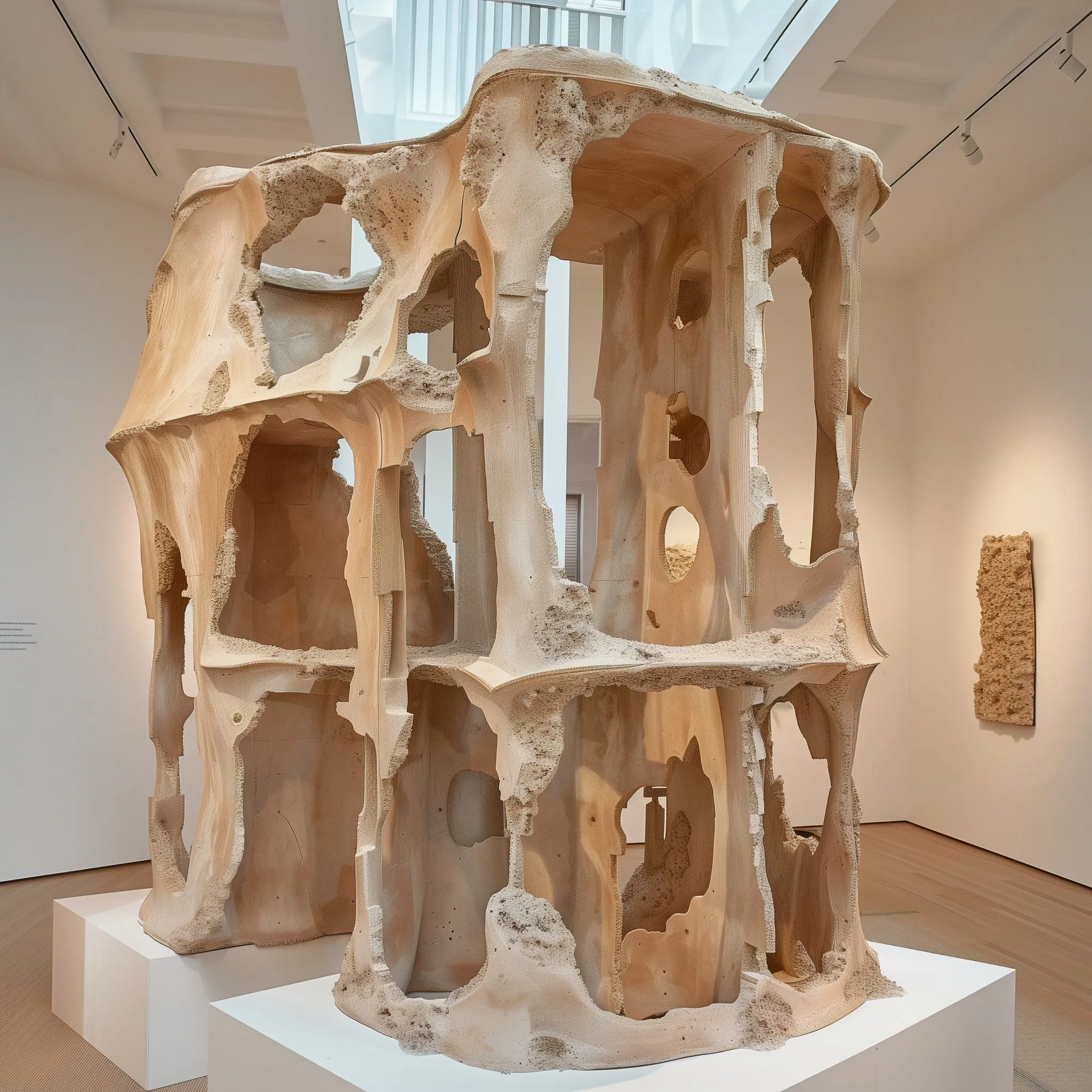 A sand-coloured sculpture of arches and hollow elements standing in a white gallery