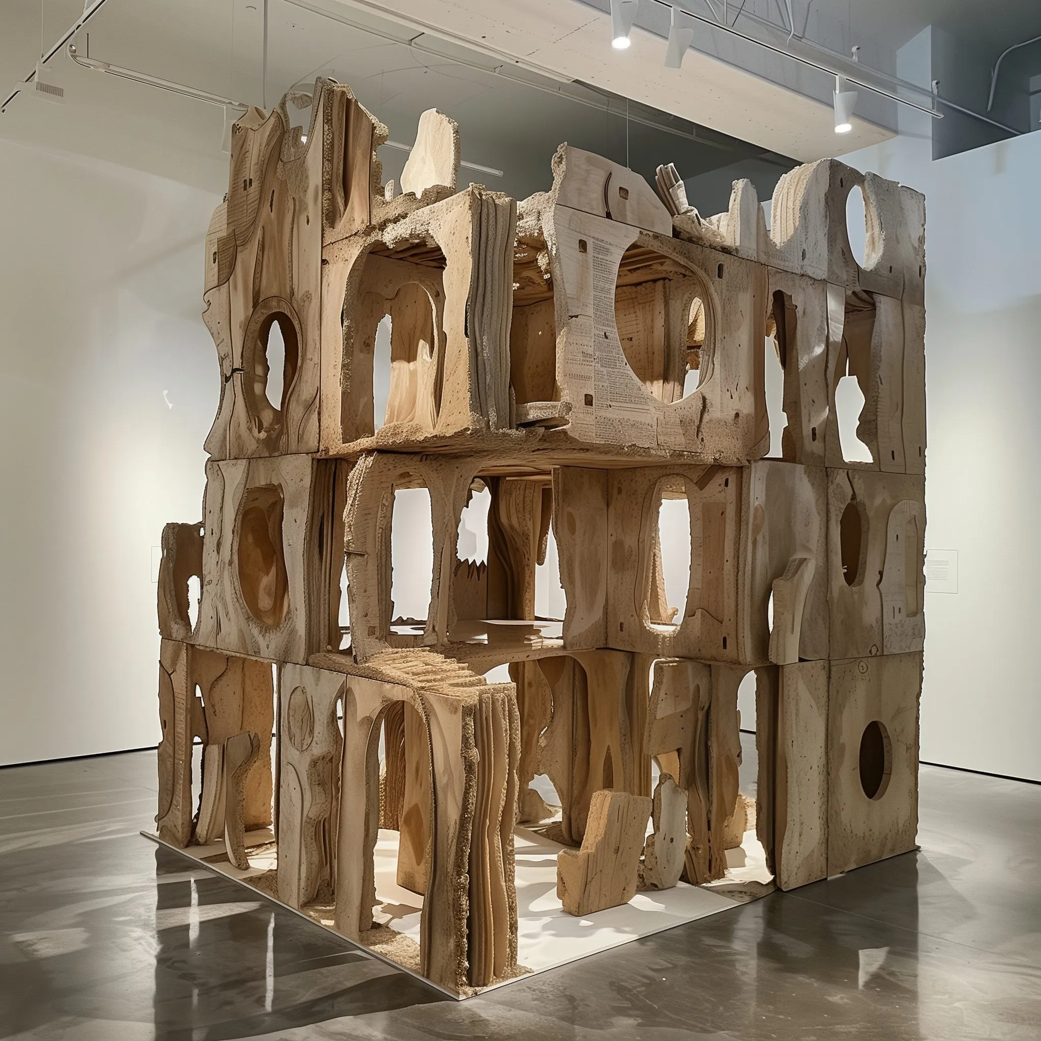 A sand-coloured sculpture of arches and hollow elements standing in a white gallery