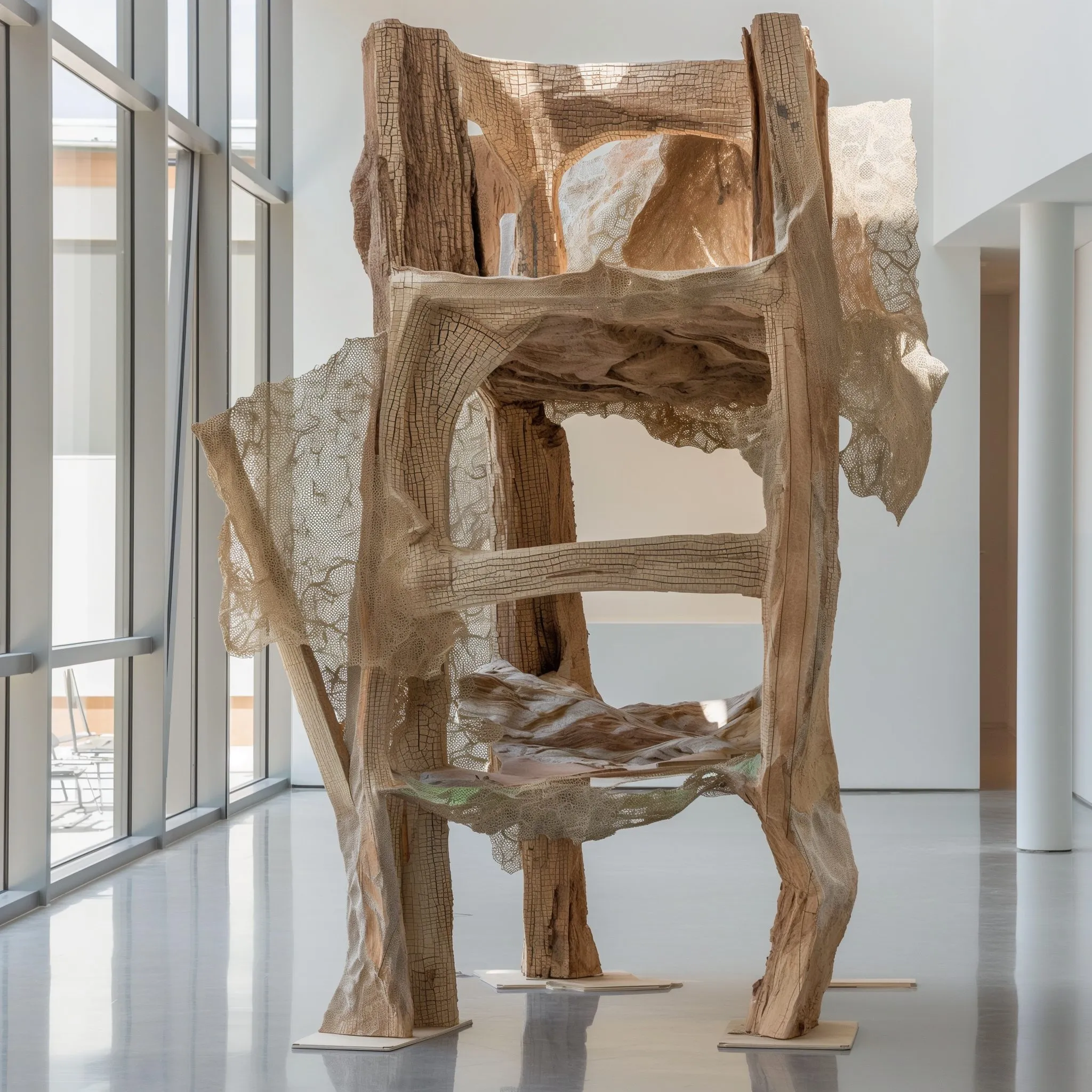 A sculpture of dry, driftwood-like elements assembled into a frame, standing in a bright hall
